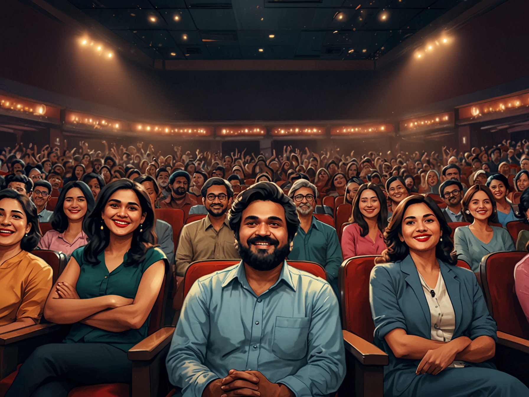 A vibrant theater filled with cheering fans, celebrating the release of Pushpa 2, highlighting the excitement and communal experience of moviegoers during the film's premiere.