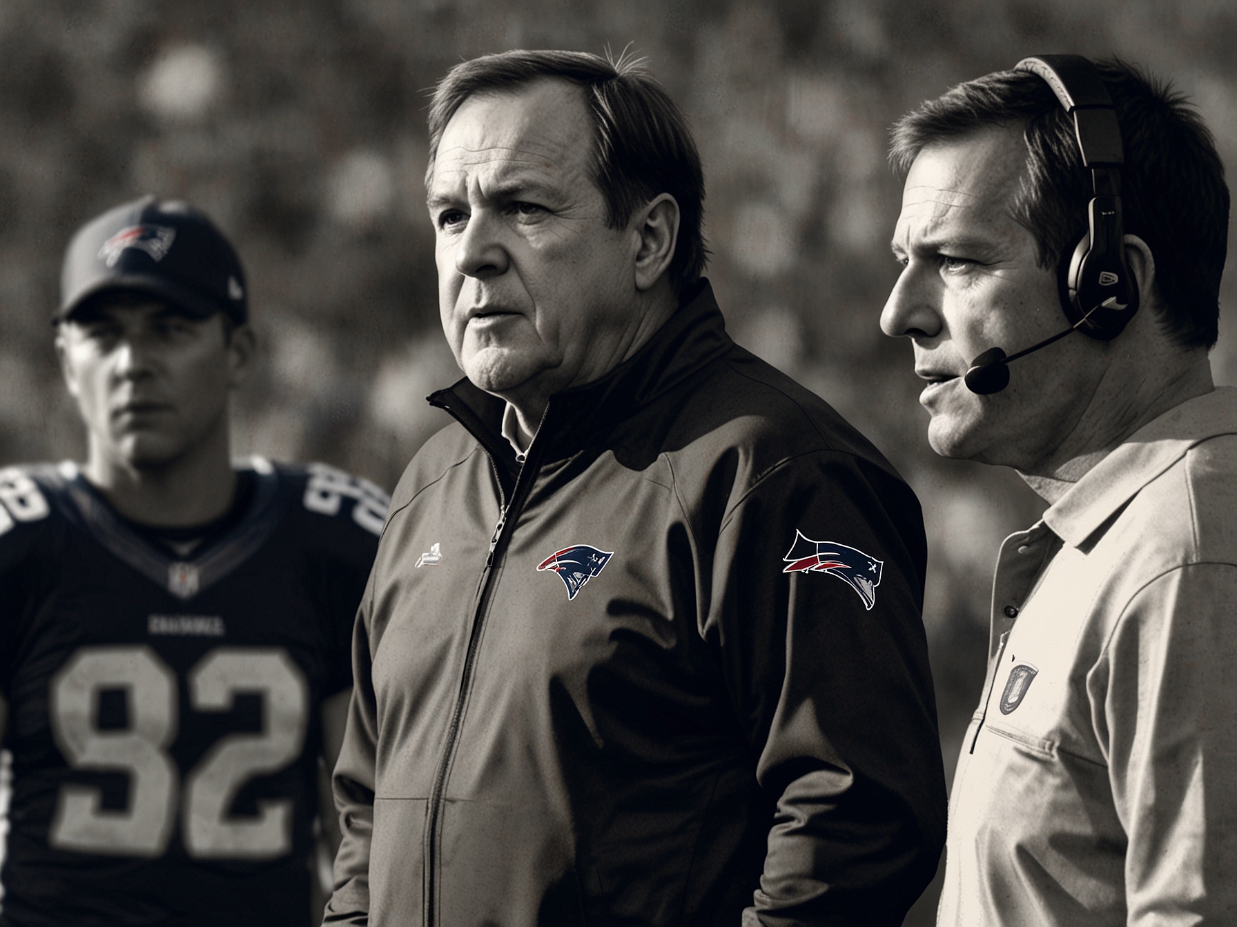 An image depicting Bill Belichick on the sidelines of a football game, analyzing plays while surrounded by a coaching staff, symbolizing his leadership in a coaching role.