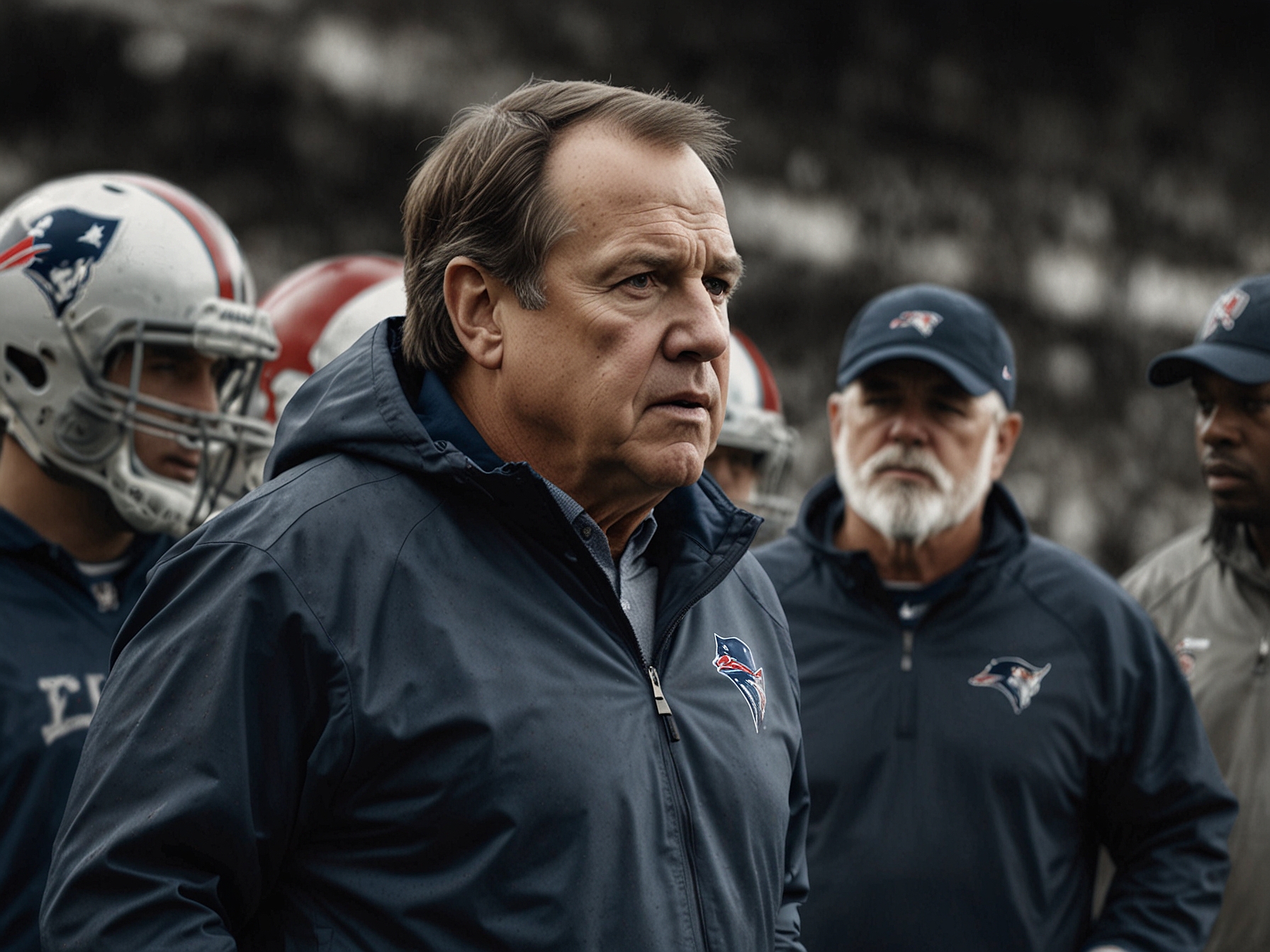 A split image featuring Bill Belichick and a group of college football players in practice, illustrating the contrast between NFL experience and college coaching dynamics.