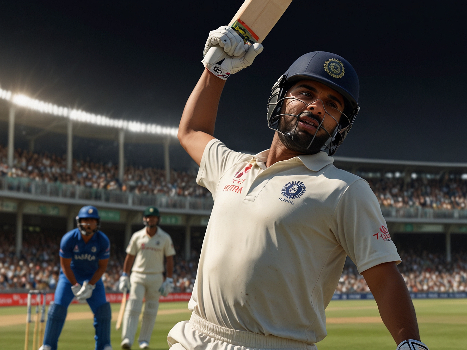 Abhishek Sharma celebrating after scoring his 28-ball century, with a vibrant crowd in the background, encapsulating the thrill of T20 cricket.