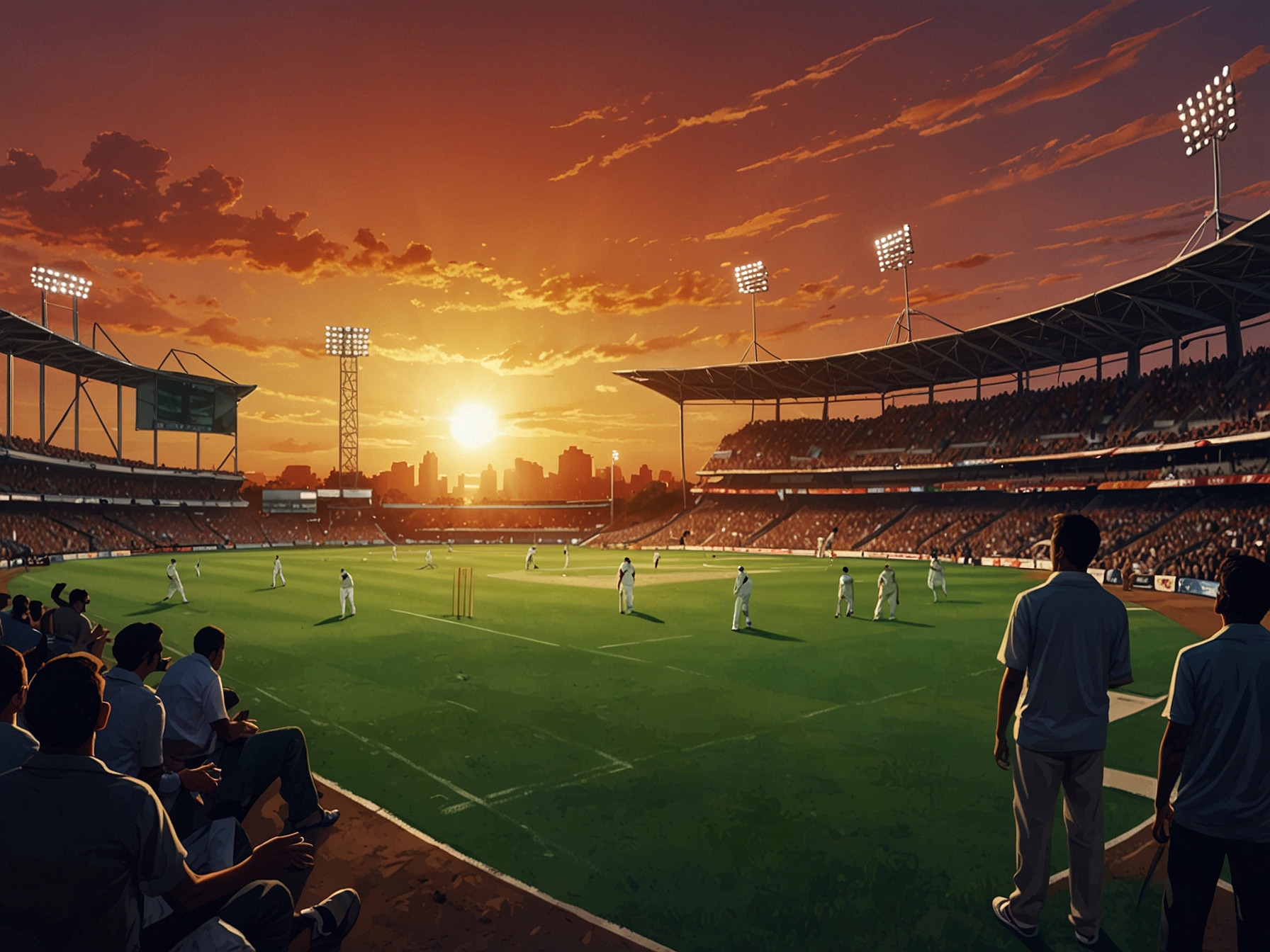 A cricket stadium filled with enthusiastic fans under a sunset sky, highlighting the intense atmosphere as players take their positions on the field for an exciting Test match.