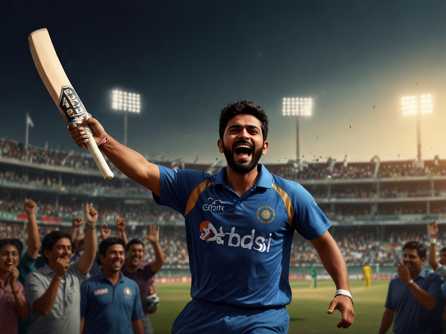 An action shot of Abhishek Sharma hitting a towering six during his 28-ball century, with the ball soaring over the boundary, symbolizing high energy in T20 cricket.