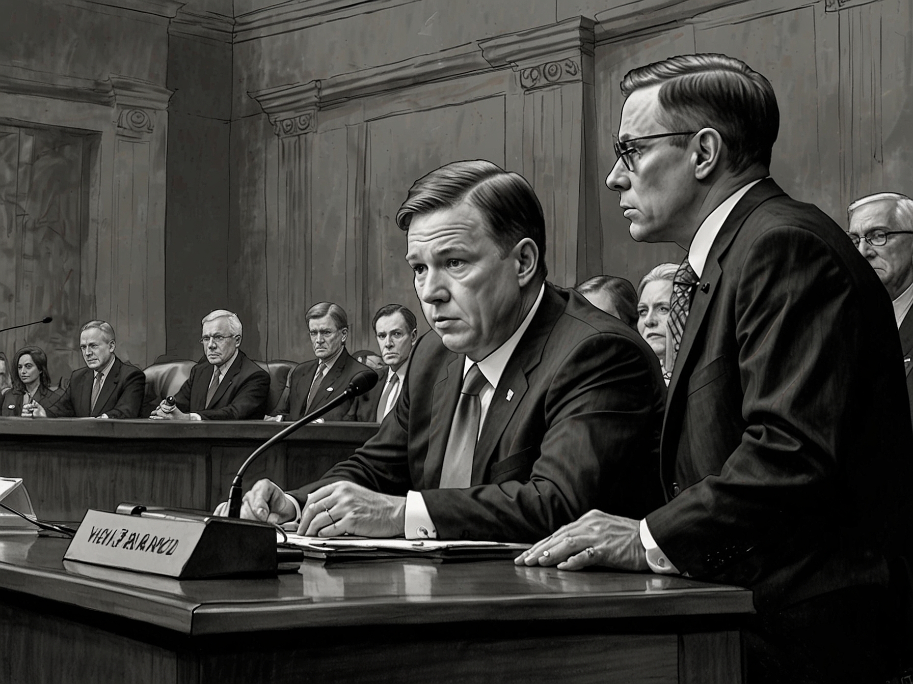 A tense moment captured during the congressional hearing, showing Congressman Pat Fallon questioning Acting Secret Service Director Ronald Rowe about security failures in protecting President Trump, with lawmakers in the background.