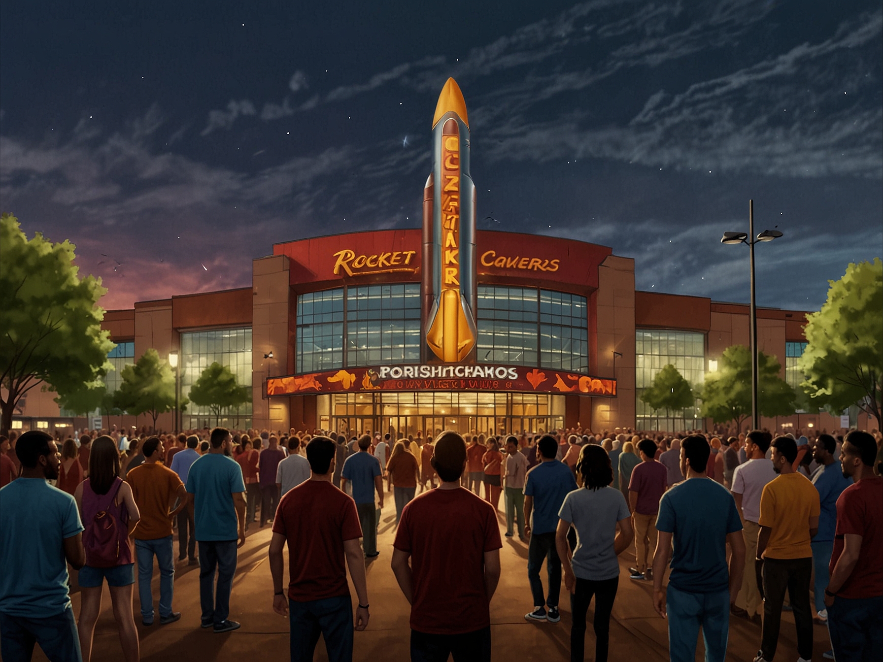 A vibrant scene showcasing the atmosphere at Rocket Mortgage FieldHouse as Cleveland Cavaliers fans gather to support their team ahead of the game against the Denver Nuggets.