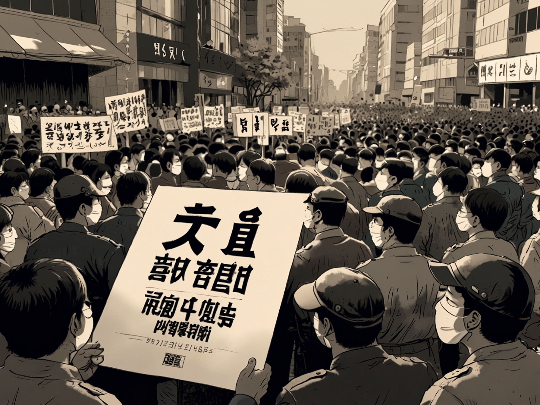 A close-up shot of protest signs in Hangul, conveying messages of dissent and calls for democracy, with demonstrators passionately engaging in the rally, showcasing the urgency of their demands.
