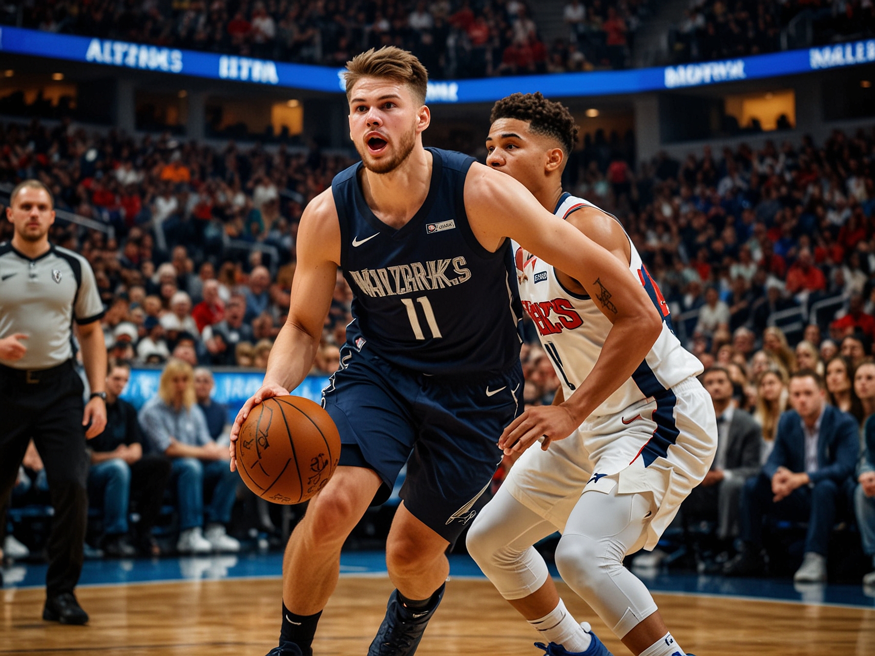 A tense moment during the Mavericks vs. Wizards game featuring Luka Doncic driving to the basket as Kyle Kuzma defends, with fans cheering in the background.