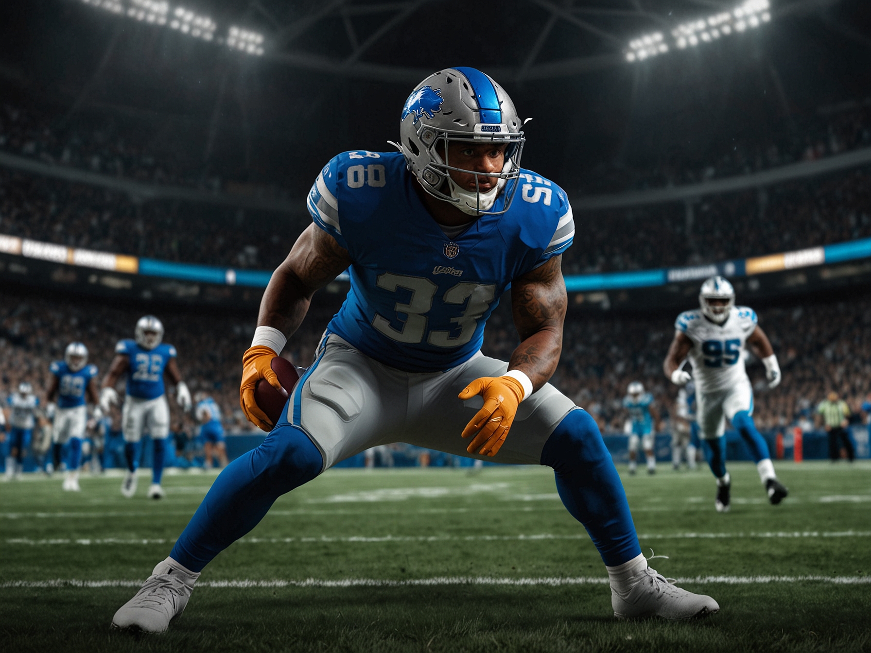 An action-packed moment showing Jamal Adams in a Lions jersey, ready to tackle during a game. The atmosphere is filled with anticipation as fans cheer for their team amidst a backdrop of the roaring stadium.