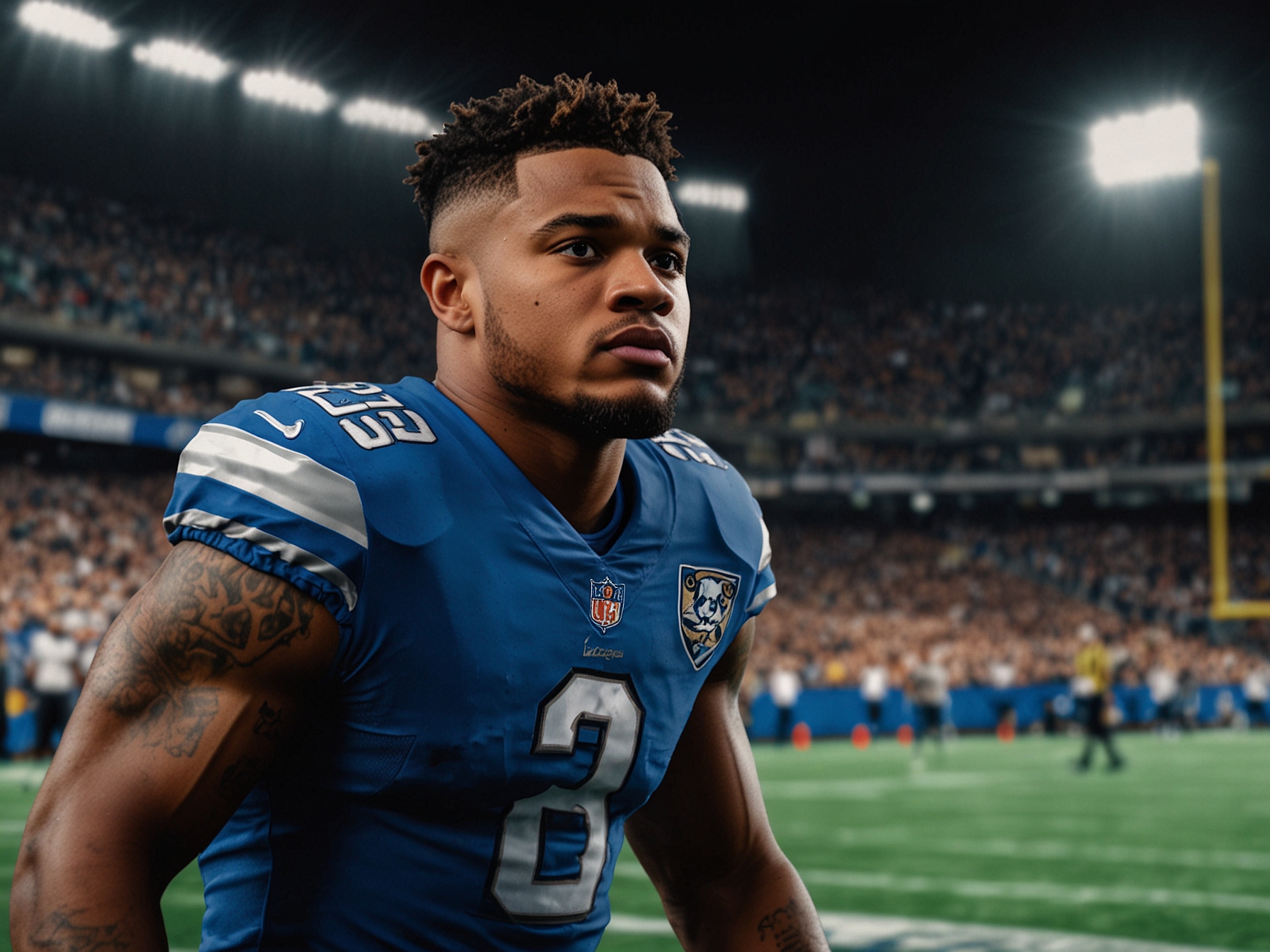 A close-up of the Detroit Lions logo on the field, metaphorically representing the team's resilience and spirit as they battle injuries for playoff contention.