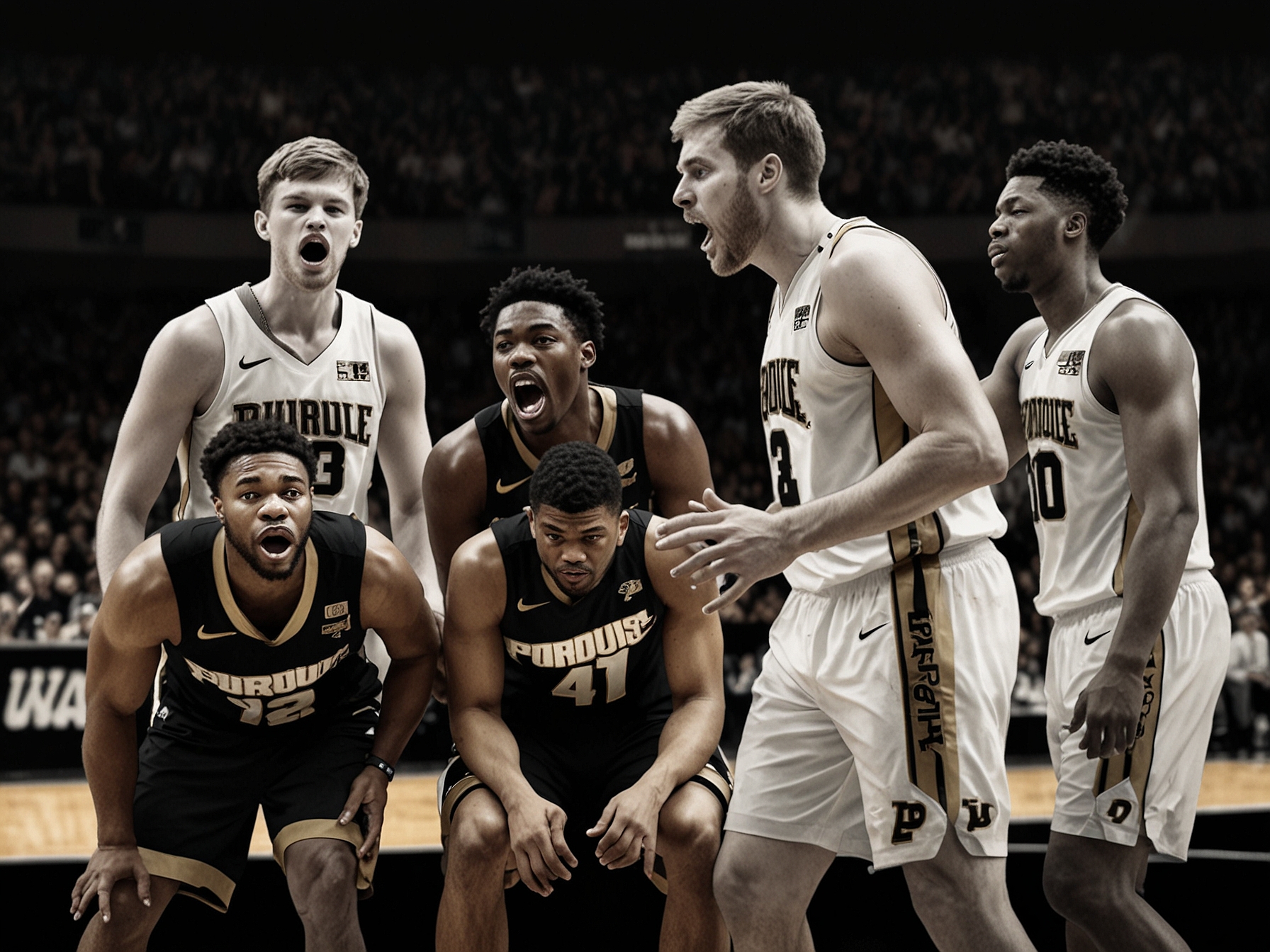 An image of Purdue's basketball team during a game, clearly showing their frustration as they struggle against Penn State’s defense, with players looking dejected after a missed opportunity.