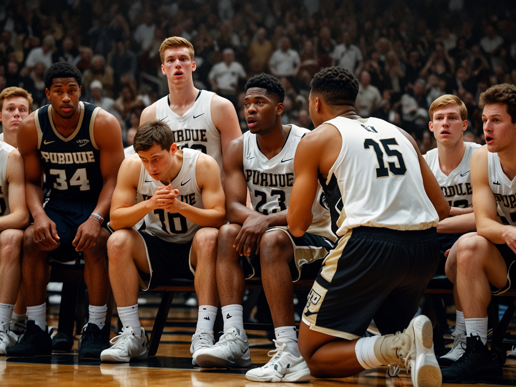 An action shot of Fletcher Loyer attempting a play under pressure, highlighting the challenges and frustrations faced by Purdue during the game against Penn State.