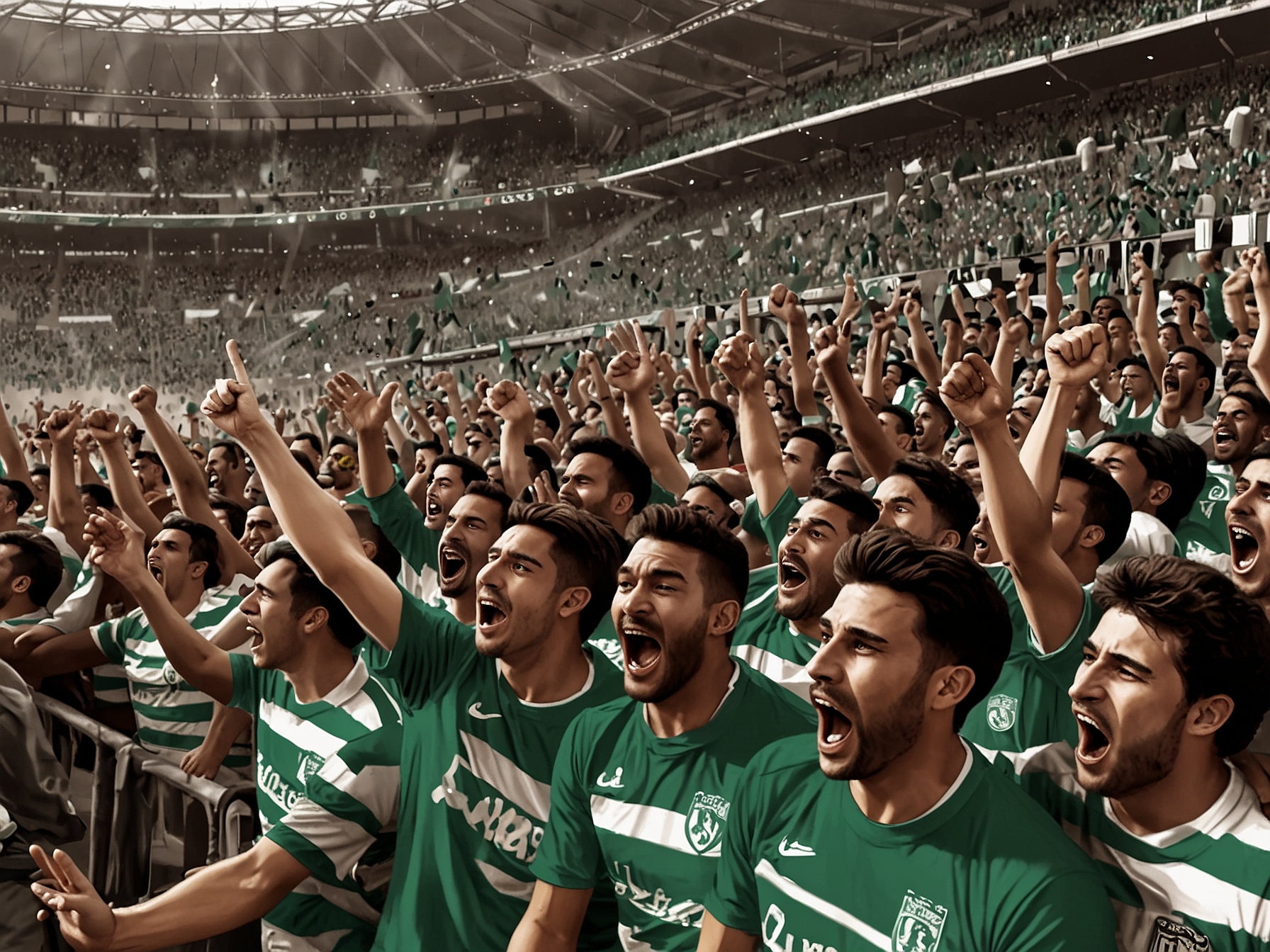 A crowded stadium of enthusiastic fans cheering passionately for Atlético Nacional as they take on Deportivo Pasto during the heated semifinal match.