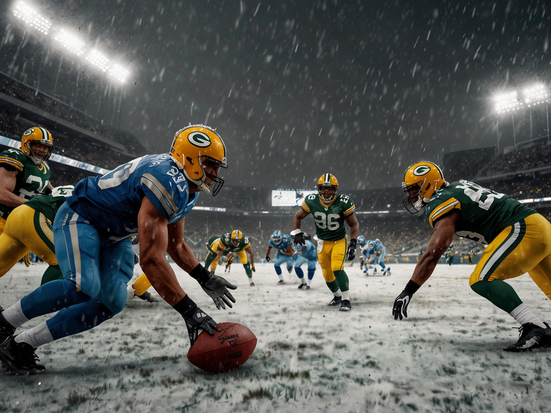 A close-up of a Lions player in action, representing determination and resilience as they face off against the formidable Packers defense under the lights.