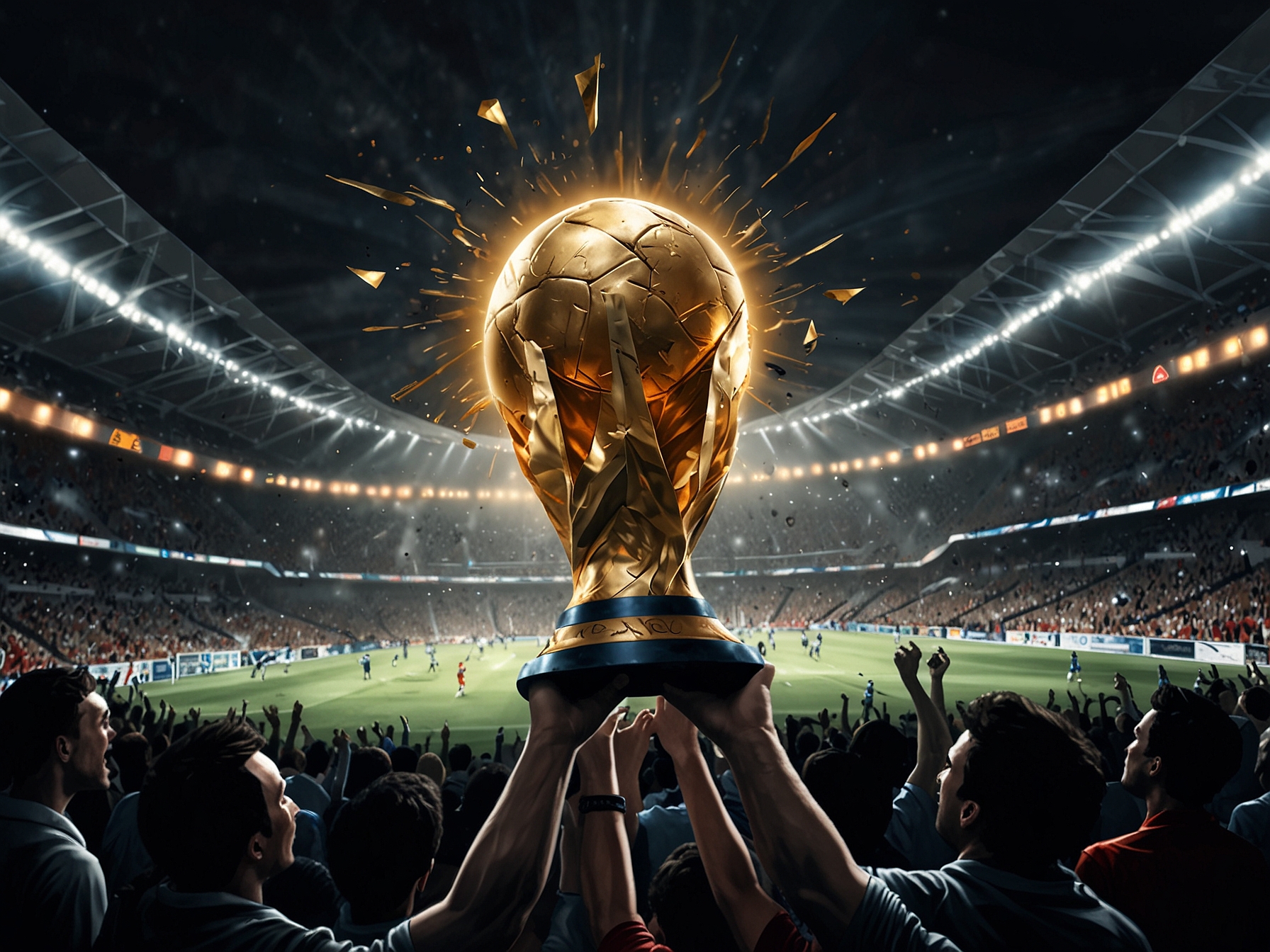 An electrifying scene of a packed stadium during a Club World Cup match, showcasing passionate fans with flags, players in action, and the trophy prominently displayed on the sidelines, symbolizing the glory at stake.