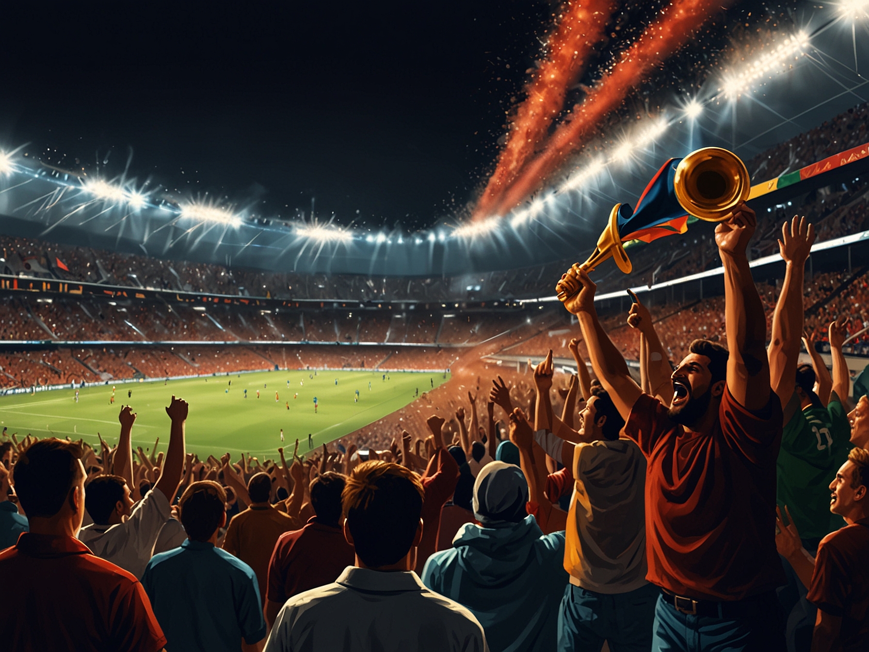 A dramatic overhead view of the Club World Cup trophy gleaming under stadium lights, with silhouettes of players celebrating in the background, representing the ultimate goal for competing clubs.