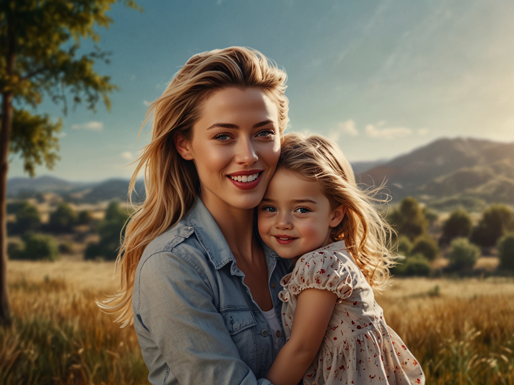Amber Heard smiling warmly, holding her daughter Oonagh Paige, both enjoying a sunny day outdoors. The backdrop hints at a serene Spanish landscape, symbolizing peace and renewal in their lives.