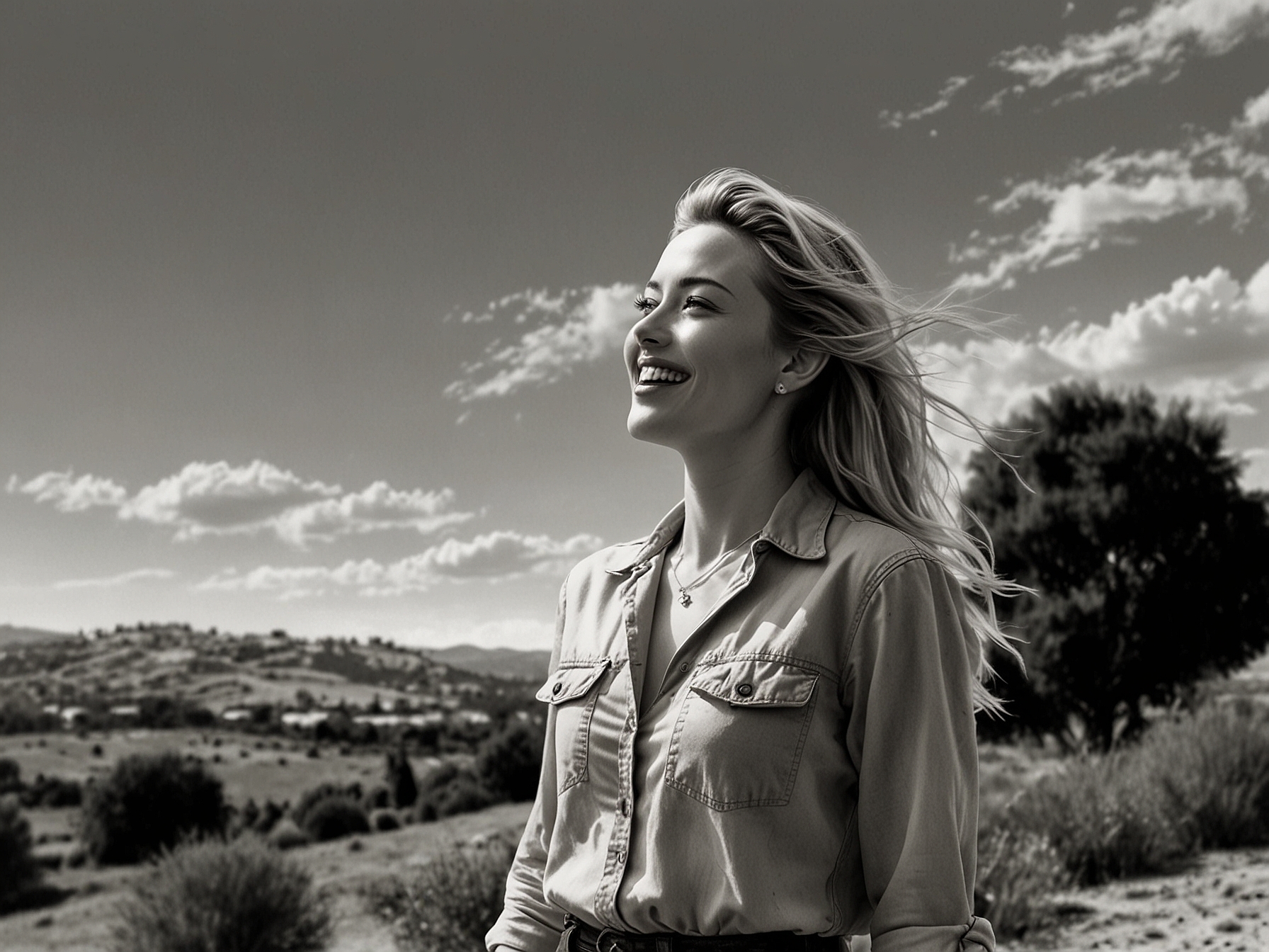 A close-up shot of Amber Heard, looking serene and joyful, with her hand on her baby bump, radiating maternal love and contentment while gazing into the distance.