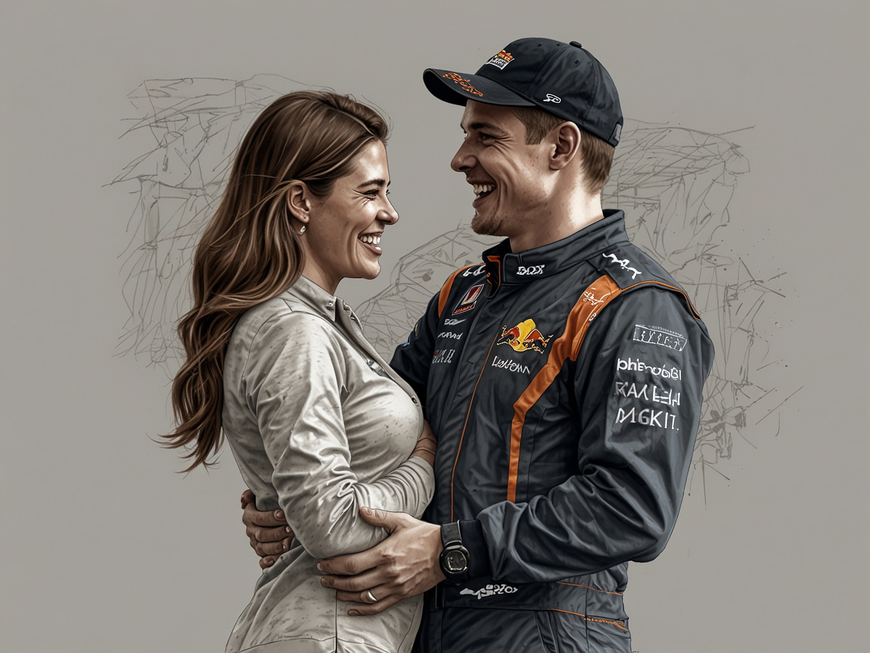 Max Verstappen and Kelly Piquet smiling together, with their hands cradling Kelly's baby bump, symbolizing their excitement about becoming parents.