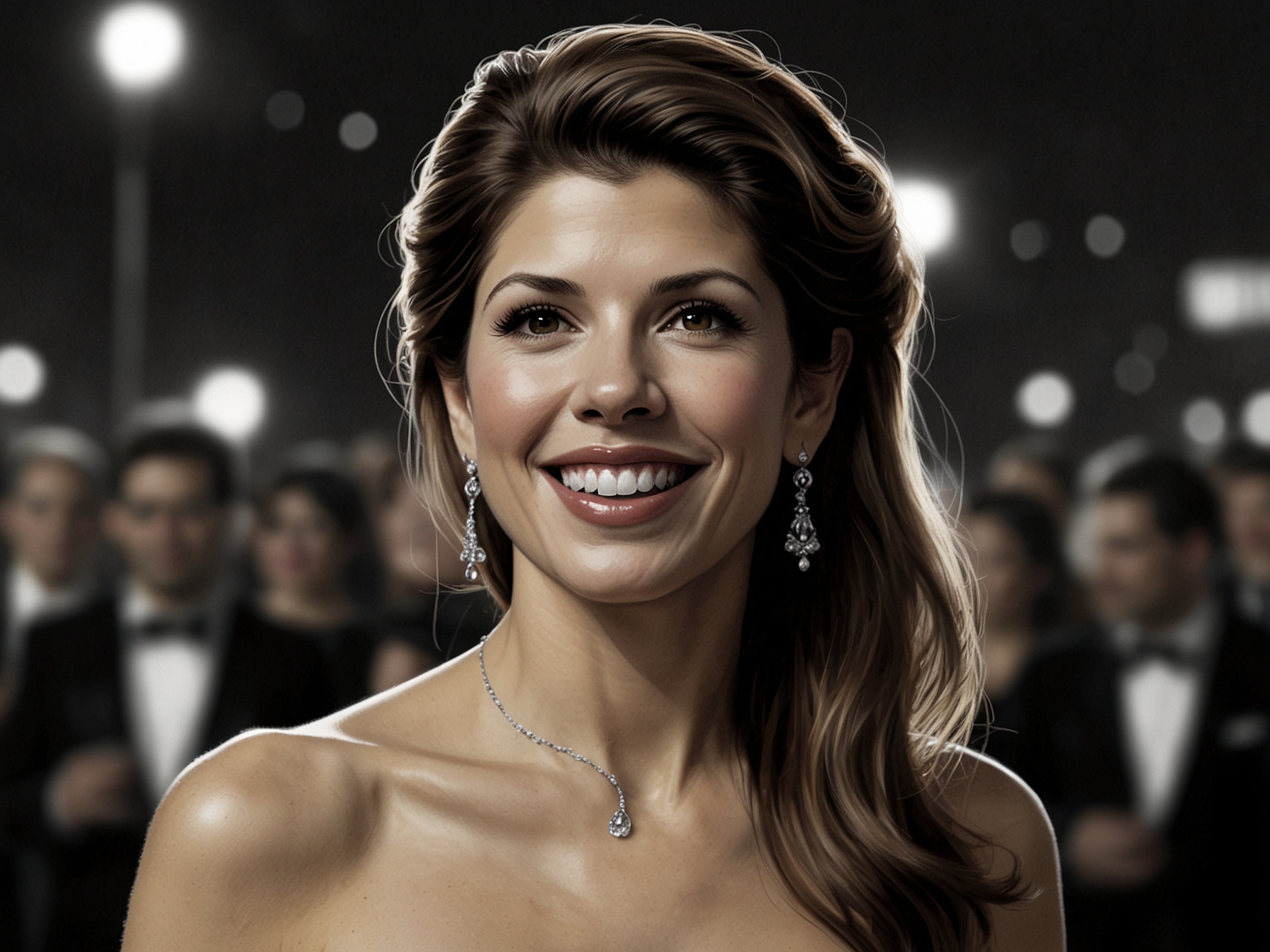 A portrait of Marisa Tomei smiling confidently at a Hollywood premiere event, showcasing her elegance and independence as a successful actress.