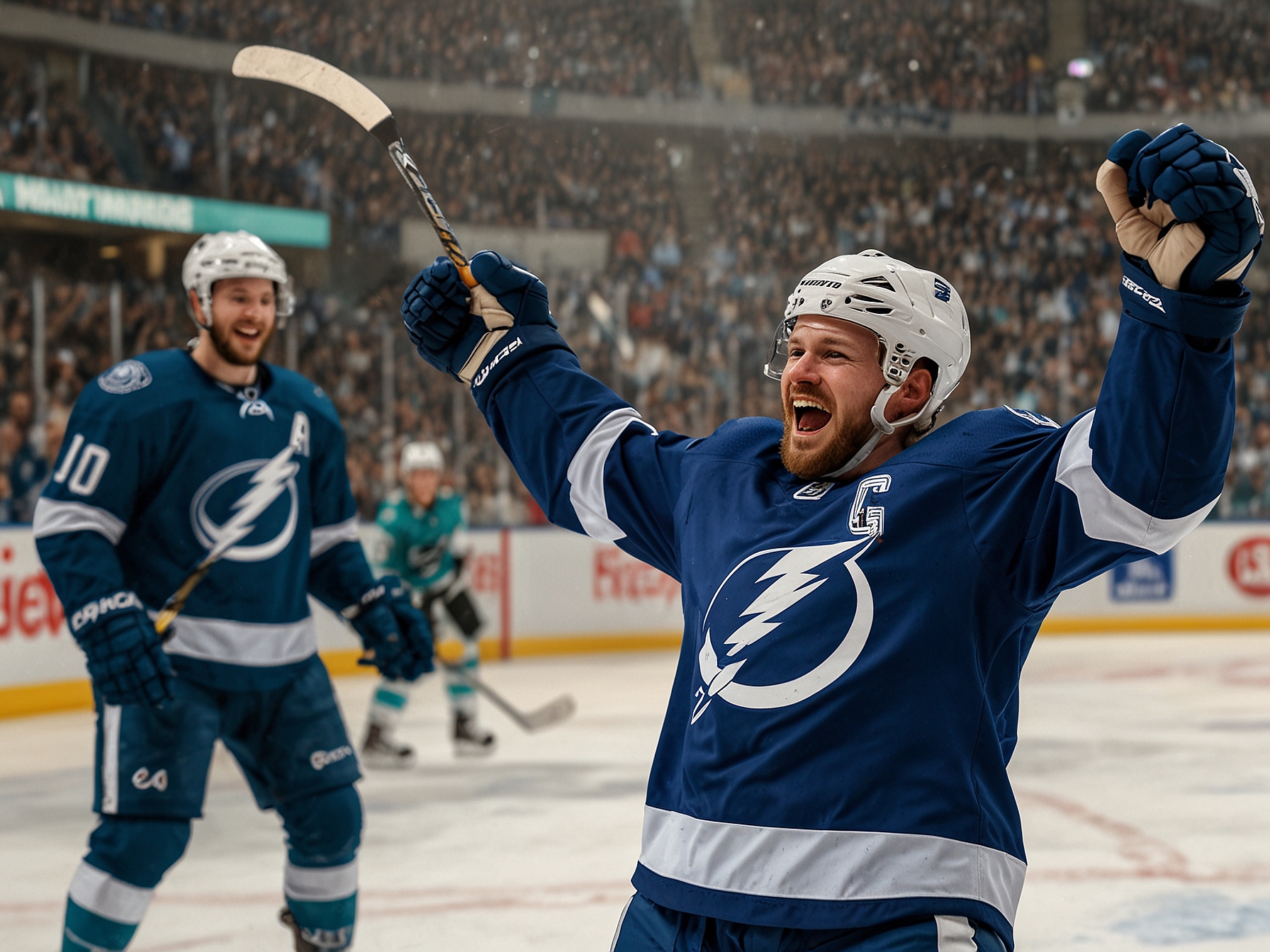 A jubilant Tampa Bay Lightning player celebrating after scoring a goal during a high-energy NHL game against the San Jose Sharks, with fans cheering in the background.