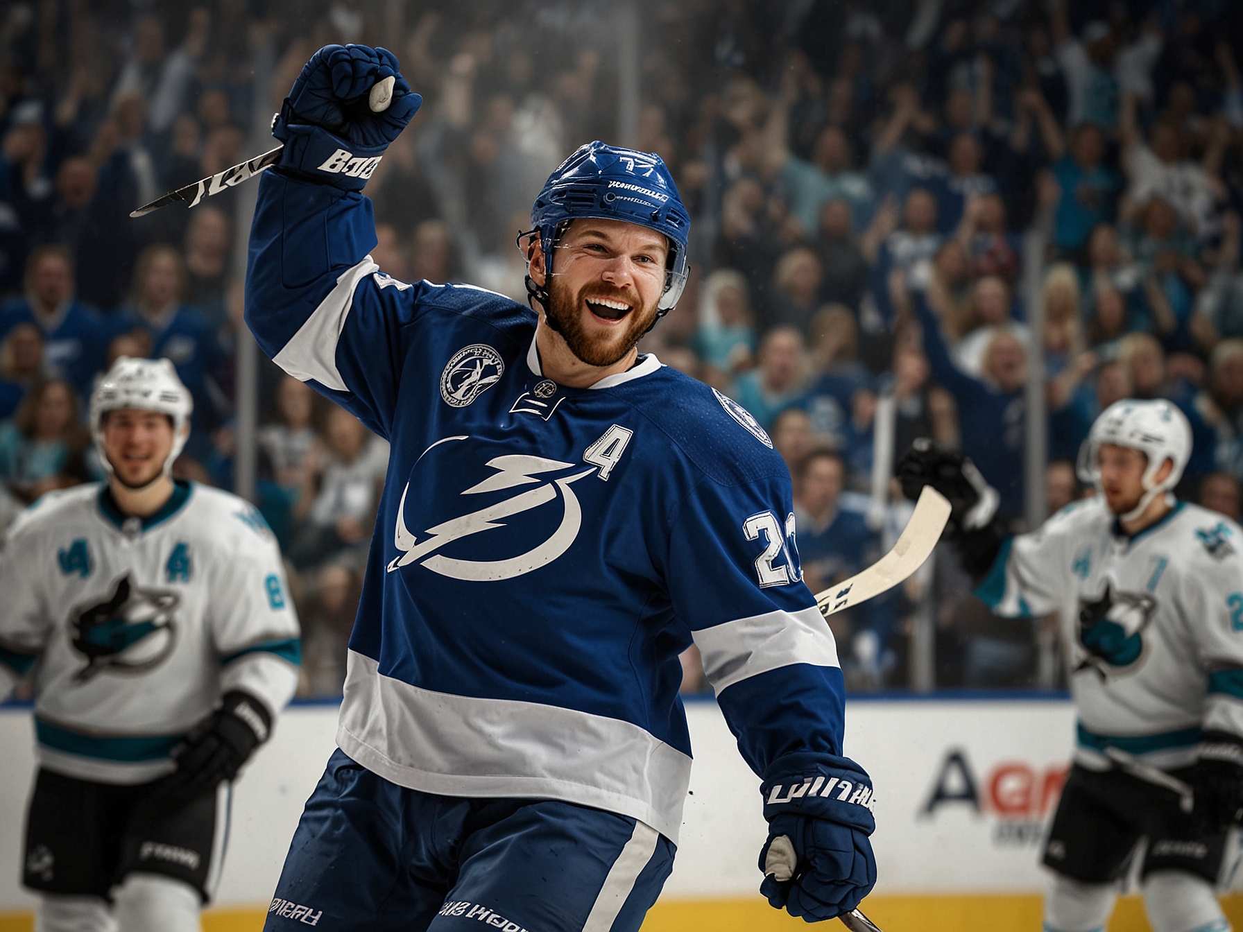 Brandon Hagel of the Tampa Bay Lightning celebrating on the ice after scoring one of his two quick goals against the San Jose Sharks during the thrilling game.