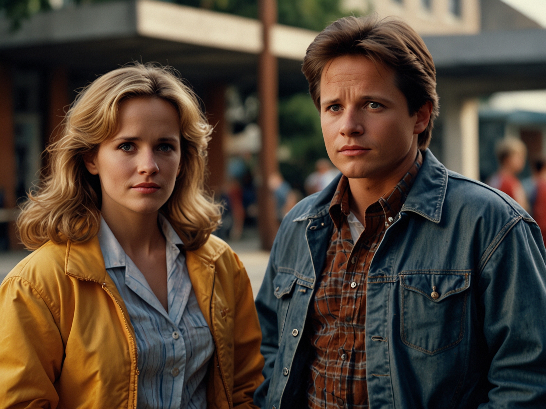 A behind-the-scenes shot of Lea Thompson and Michael J. Fox on the set of 'Back to the Future', displaying their contrasting expressions reflecting initial tension that evolved into camaraderie.