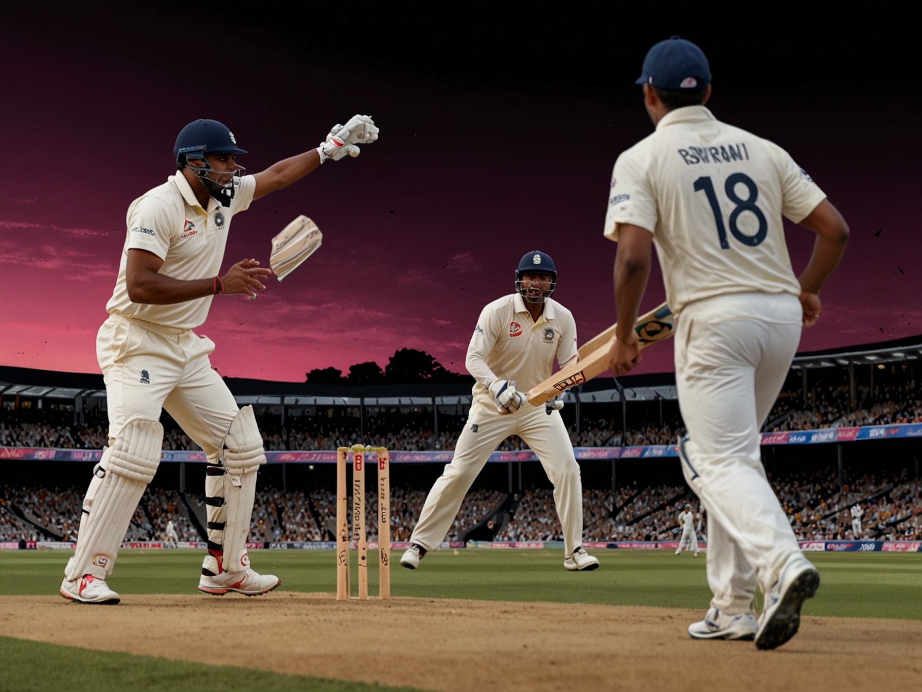 A dynamic cricket scene capturing Ravichandran Ashwin bowling against Australia under the pink lights of the Adelaide Test, showcasing the intensity and skill of the match.