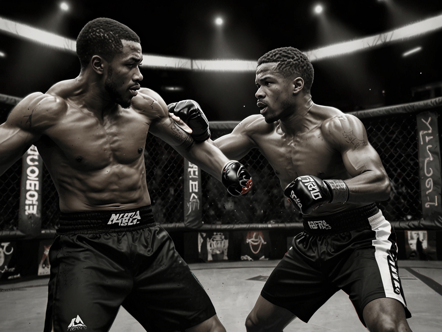 A tense moment captured in the Octagon showing both Alex Pereira and Jamahal Hill during their prior fight, showcasing their fierce competition and emotions.