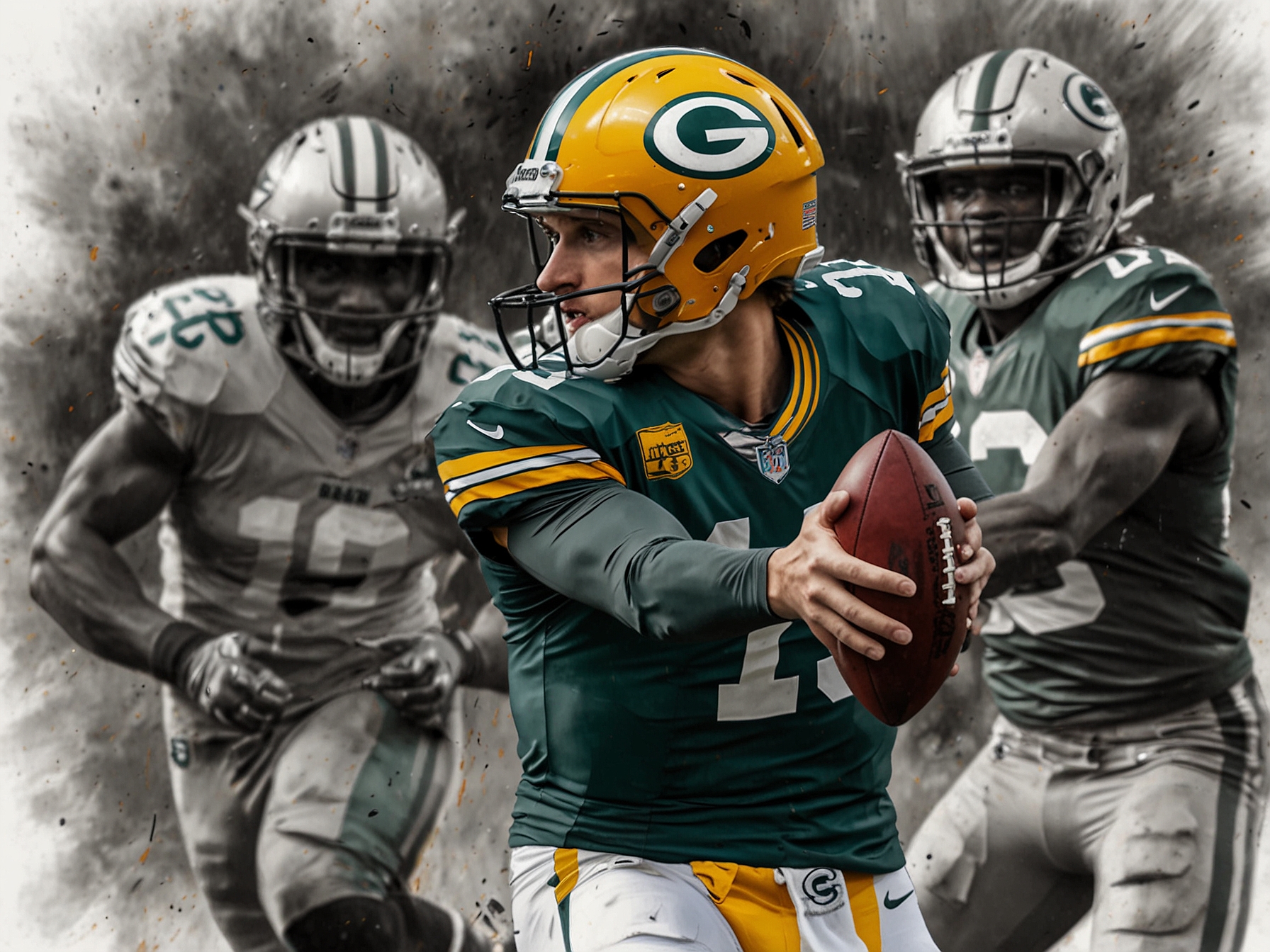 A tense moment during the NFL game as Jared Goff throws a fourth-down touchdown pass to running back Jahmyr Gibbs, with Green Bay Packers defenders closing in.