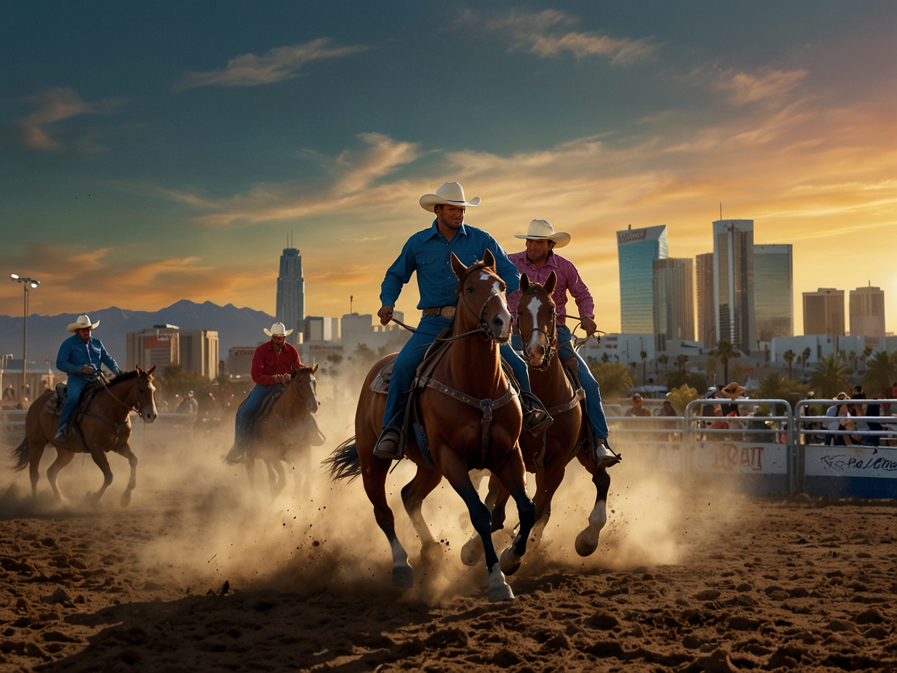 A vibrant scene from the Wrangler NFR, featuring cowboys competing in various rodeo events against the backdrop of the Las Vegas skyline, capturing the excitement and spirit of the rodeo culture.
