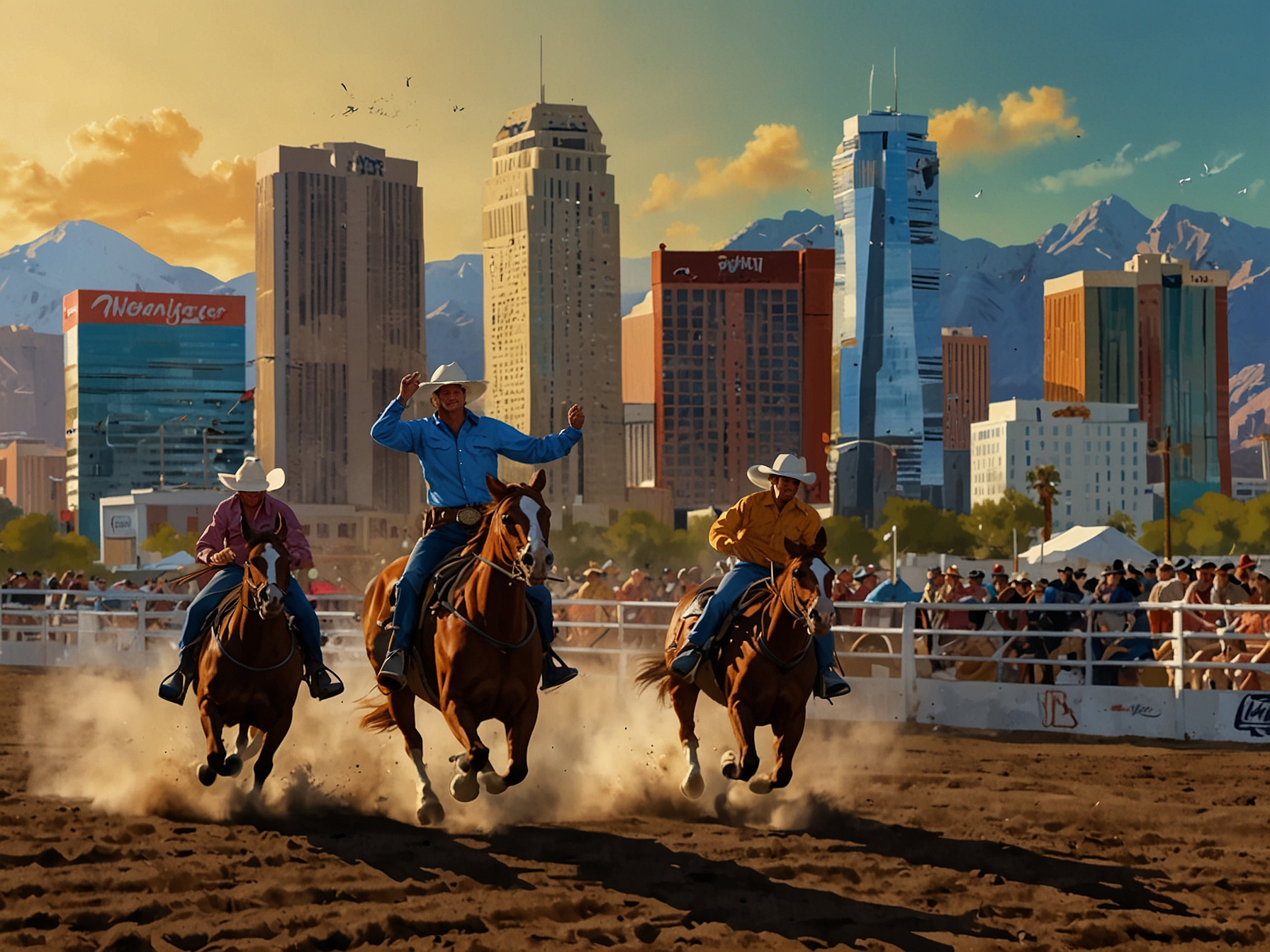 Contestants engage in intense bull riding at the Wrangler NFR, showcasing their skills and determination as the crowd cheers, illustrating the true essence of cowboy grit and competition.