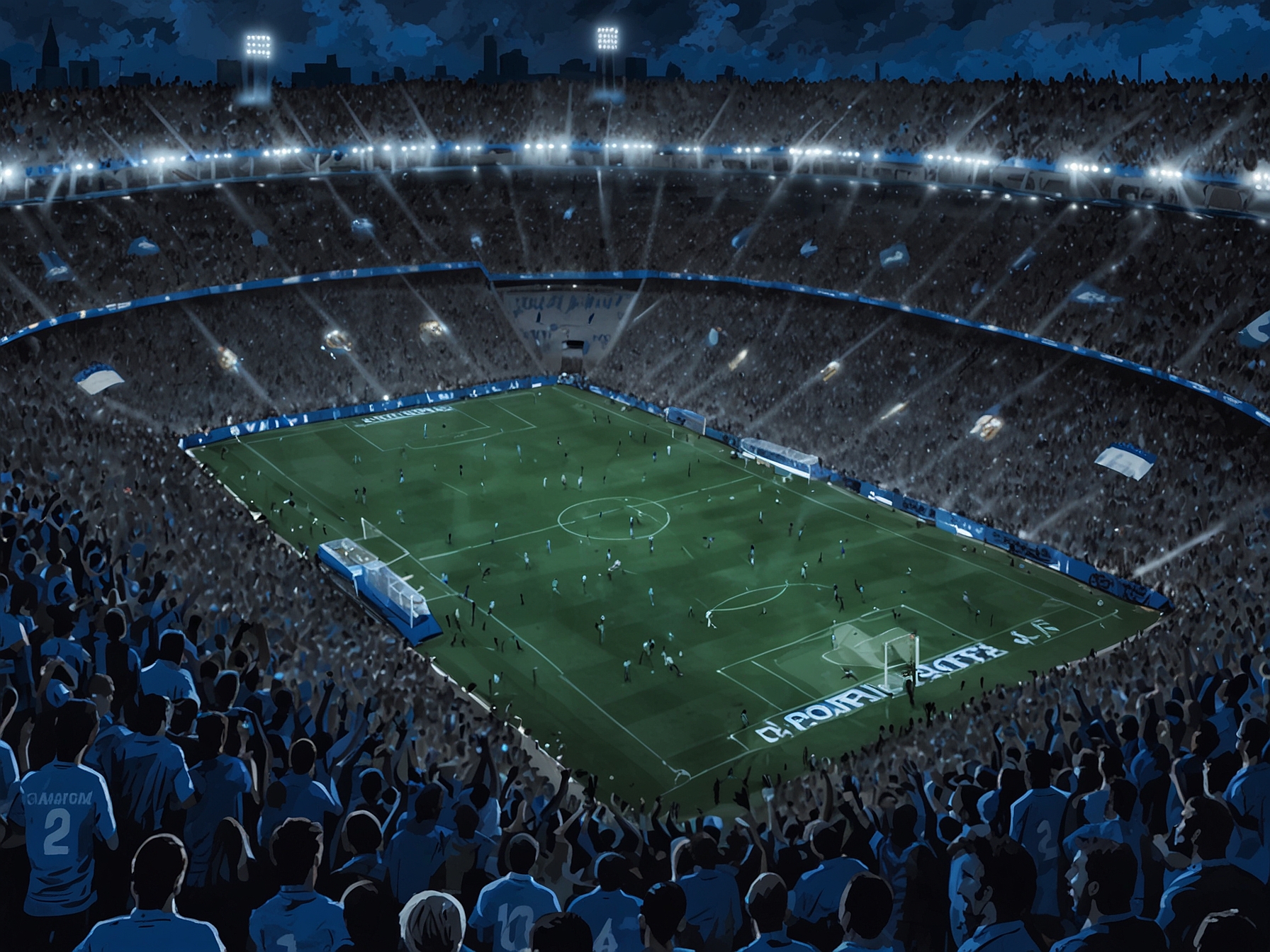 An aerial shot of El Campín stadium packed with passionate fans in blue and white, creating an electric atmosphere during the Millonarios vs Santa Fe clásico capitalino match.