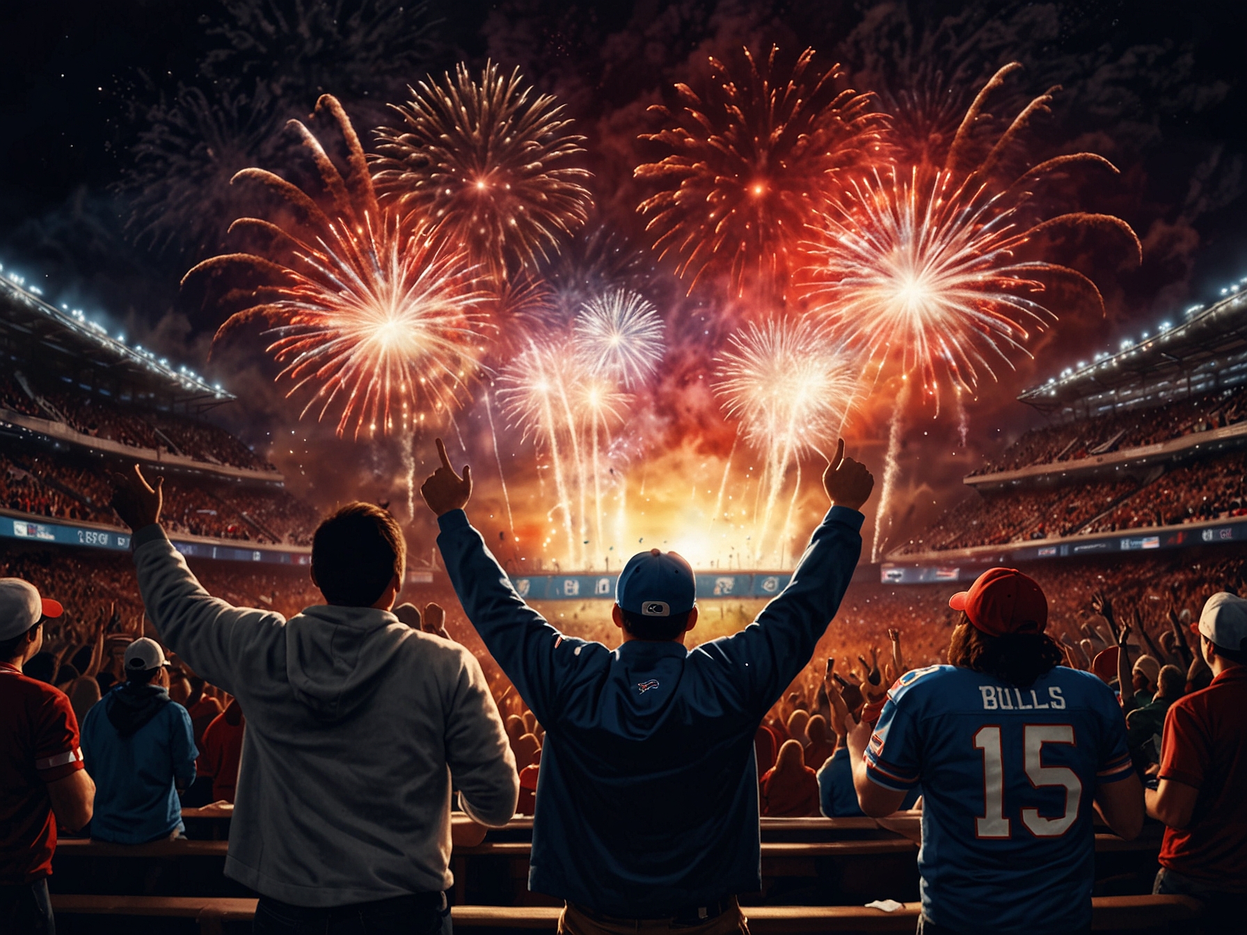An enthusiastic crowd of Buffalo Bills fans cheering in the stadium, adorned in team colors, as fireworks light up the sky above them, capturing the excitement and hope of a Super Bowl run.