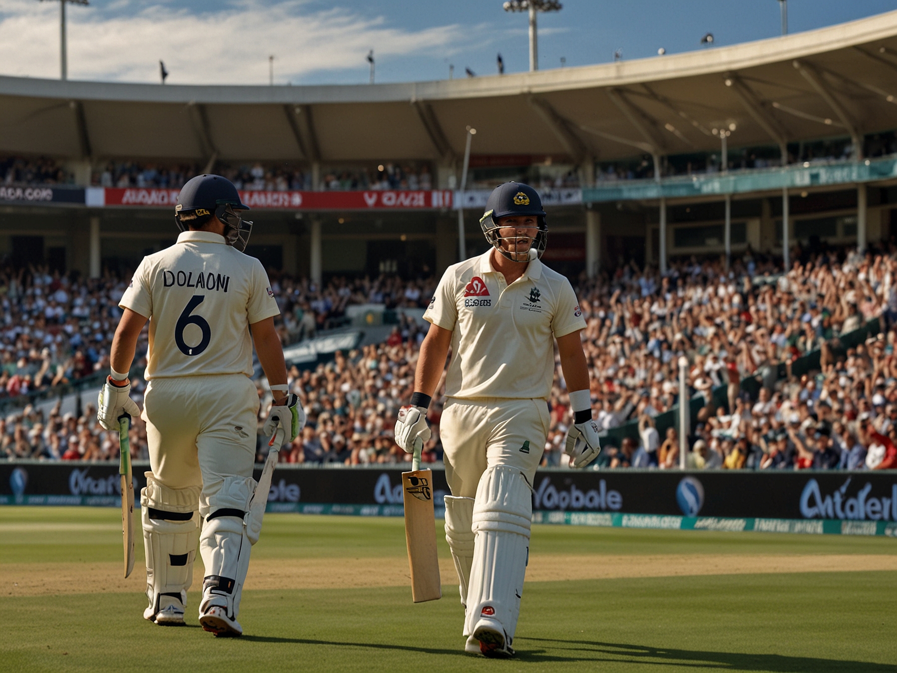 An intense cricket scene at the Adelaide Oval, featuring Scott Boland celebrating a wicket as Shubman Gill walks back dejected after being dismissed. The stadium buzzes with energy, showcasing the high stakes of the match.