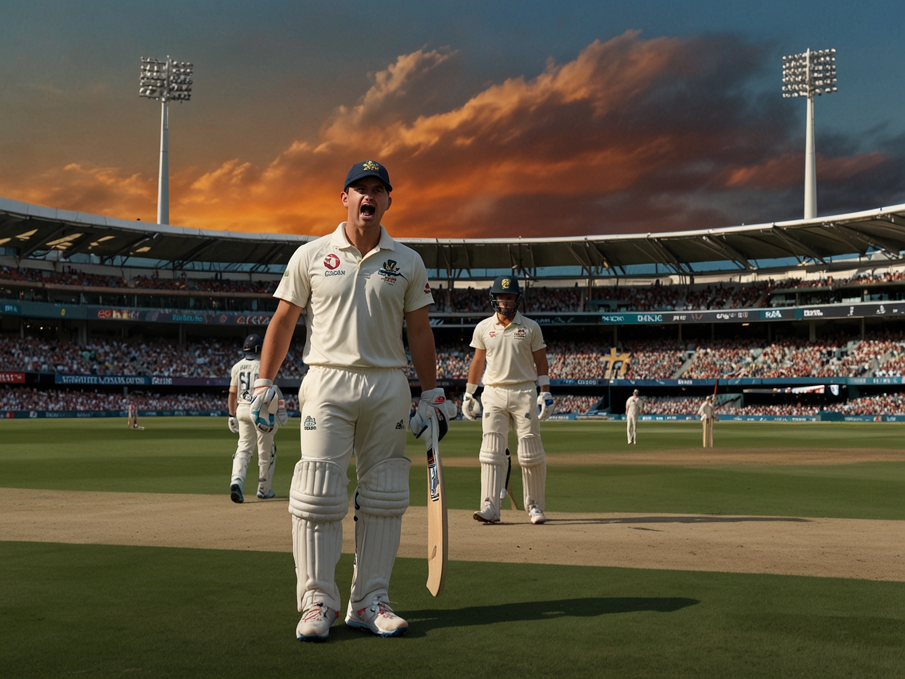 An emotional moment on the cricket field with Shubman Gill looking contemplative after his dismissal, while Scott Boland celebrates triumphantly in the background, symbolizing their ongoing battle.