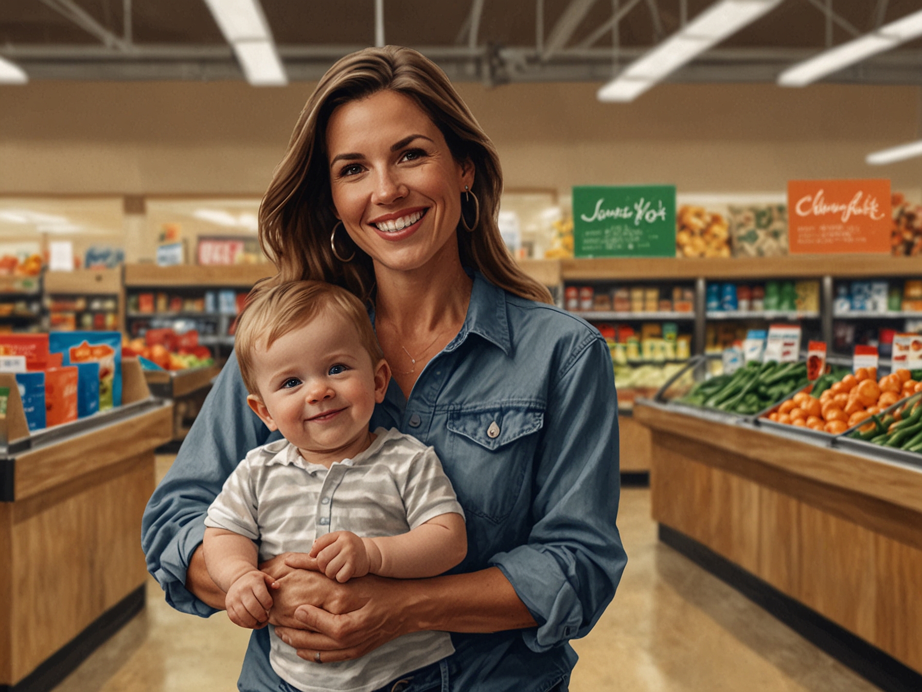 An image of Hannah Hiatt smiling confidently while holding her toddler son James in a grocery store setting, reflecting a joyful family moment amidst controversy.