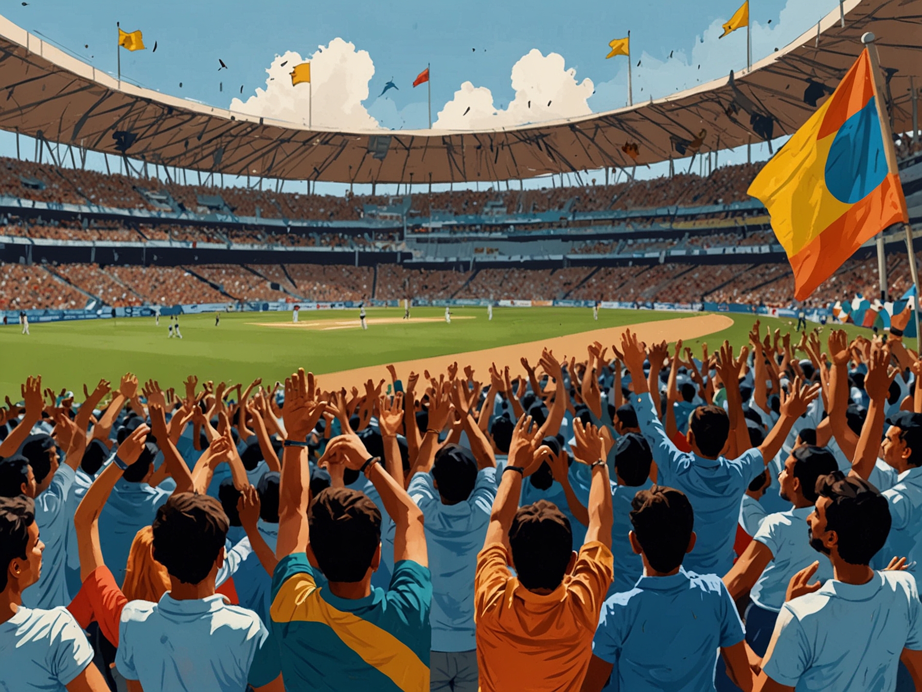 A vibrant cricket stadium filled with passionate fans waving flags and cheering for their teams during the Sri Lanka U19 vs India U19 semi-final match.