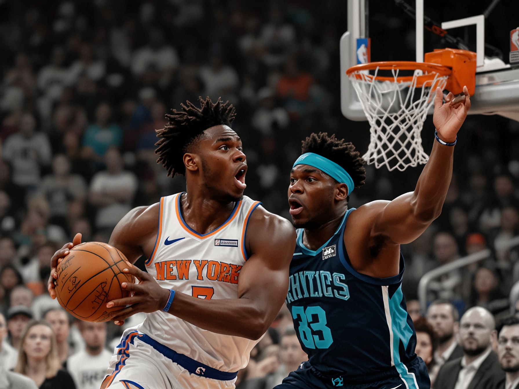 A triumphant moment as Karl-Anthony Towns celebrates after scoring, highlighting his contributions with significant points and rebounds in the game against the Hornets.