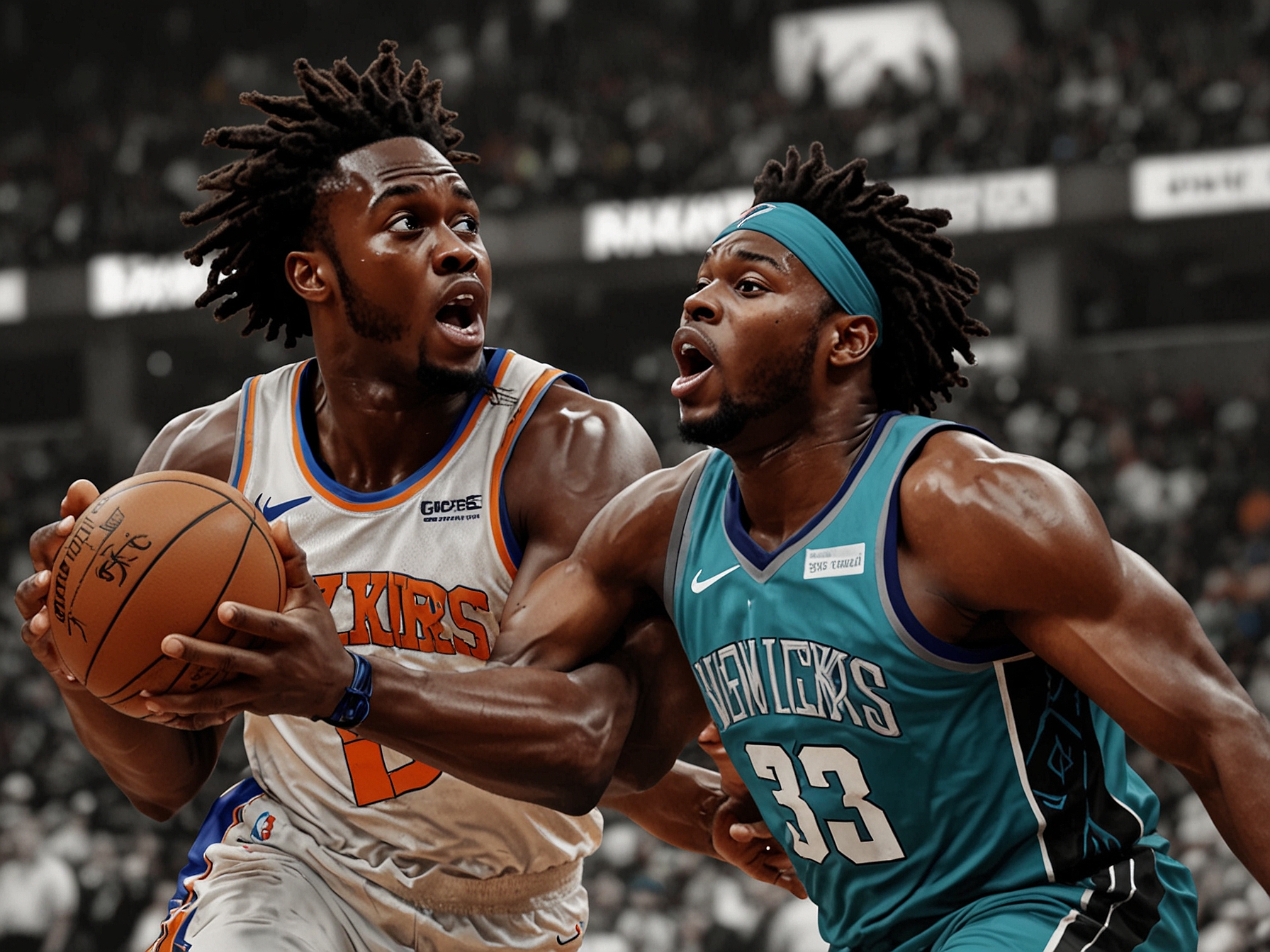 Jalen Brunson driving towards the basket, illustrating his quick style and strong performance during the first quarter of the Knicks vs. Hornets game.