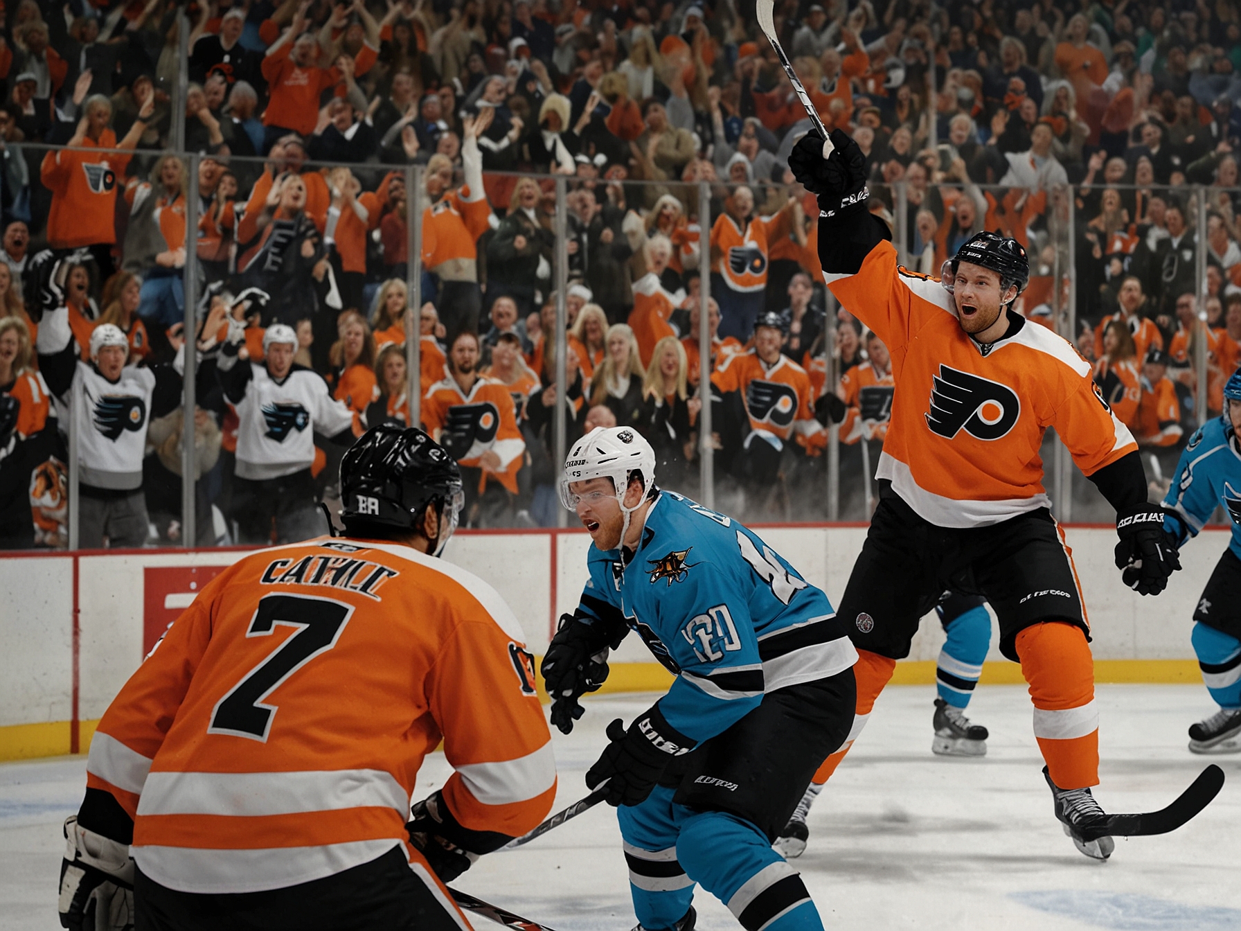 An iconic moment captured during the Flyers vs. Panthers game, showing players clashing intensely on the ice while fans cheer passionately in the background, embodying the thrill of hockey.