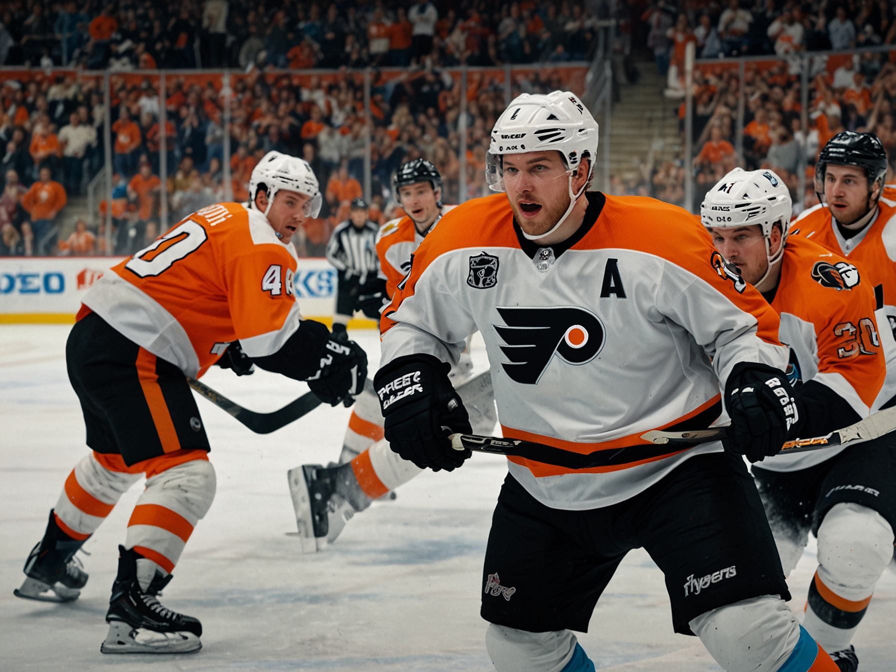 A celebrating Flyers player, Owen Tippett, high-fiving teammates after scoring, capturing the spirit of resilience and hope amidst the challenges faced on the ice.
