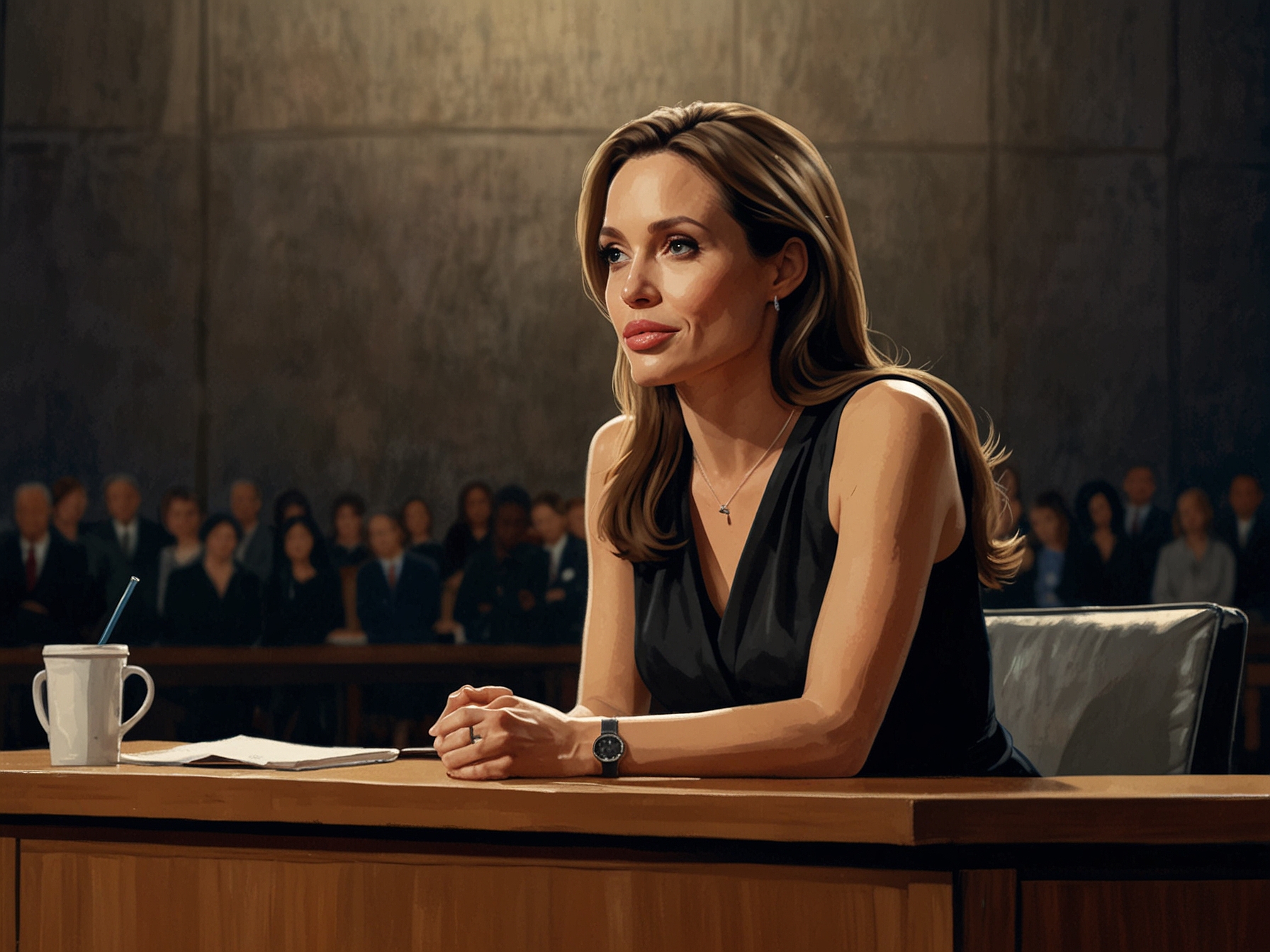 A thoughtful Angelina Jolie sits on a talk show stage, discussing her unique career aspirations while reflecting on her grandfather's funeral and the celebration of life. The studio is warmly lit, emphasizing the sincerity of her confessions.