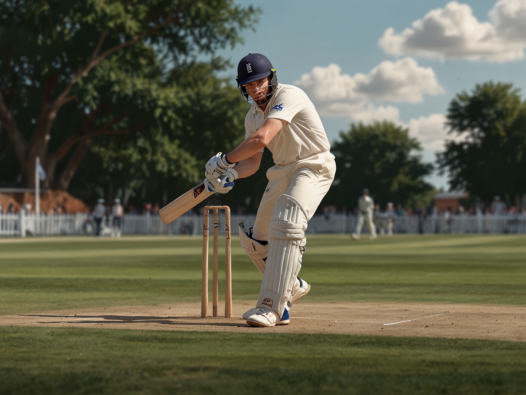 An action shot of Harry Brook playing a shot during the cricket match, showcasing his aggressive batting style as he stands confidently at the crease.