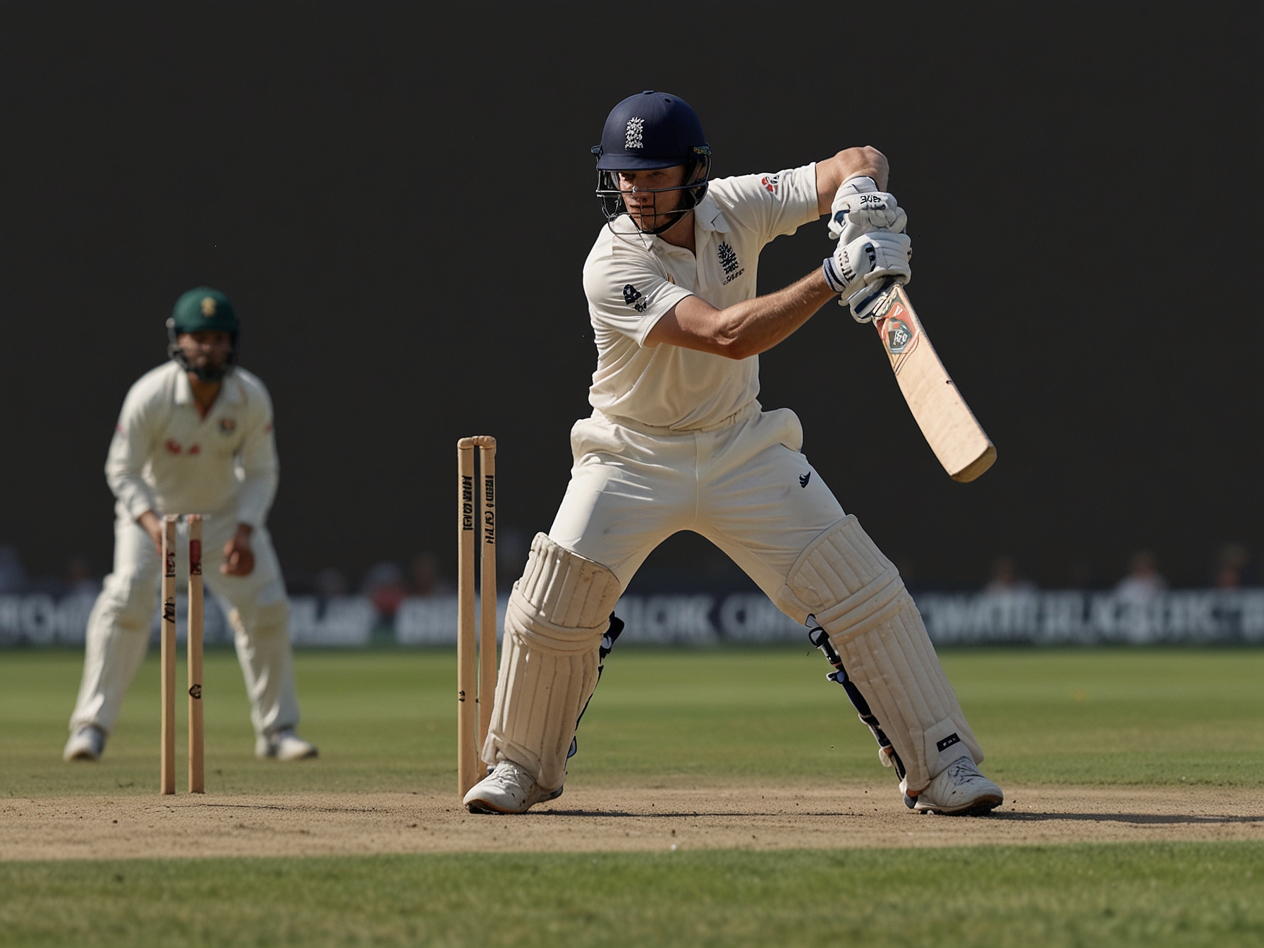 A panoramic view of the cricket ground with fans in the stands, capturing the electric atmosphere during Harry Brook's innings for England, highlighting the game's competitive spirit.