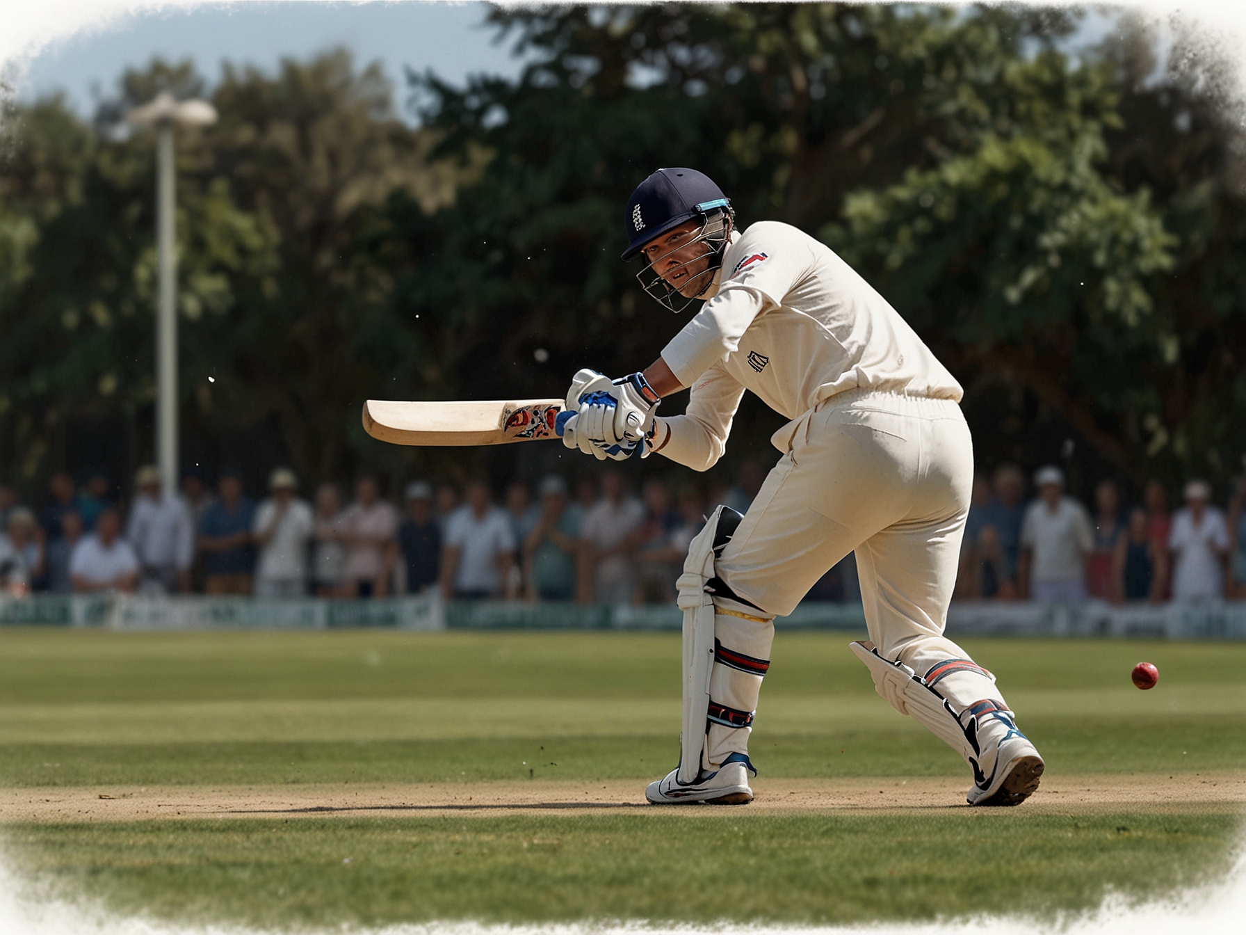 Close-up of a cricket ball mid-air, representing Harry Brook's 'bad shots' as he takes a risk during his innings, emphasizing the blend of skill and chance in cricket.