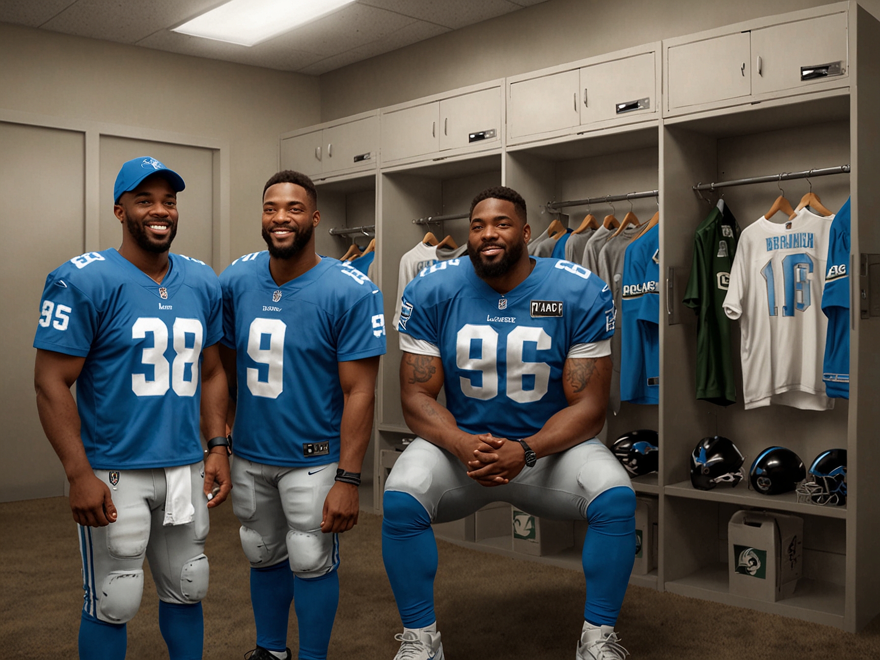 A group of Detroit Lions players gather in the locker room, proudly sporting shirts with Brian Branch's infamous gesture, radiating team unity and humor ahead of their game against the Packers.