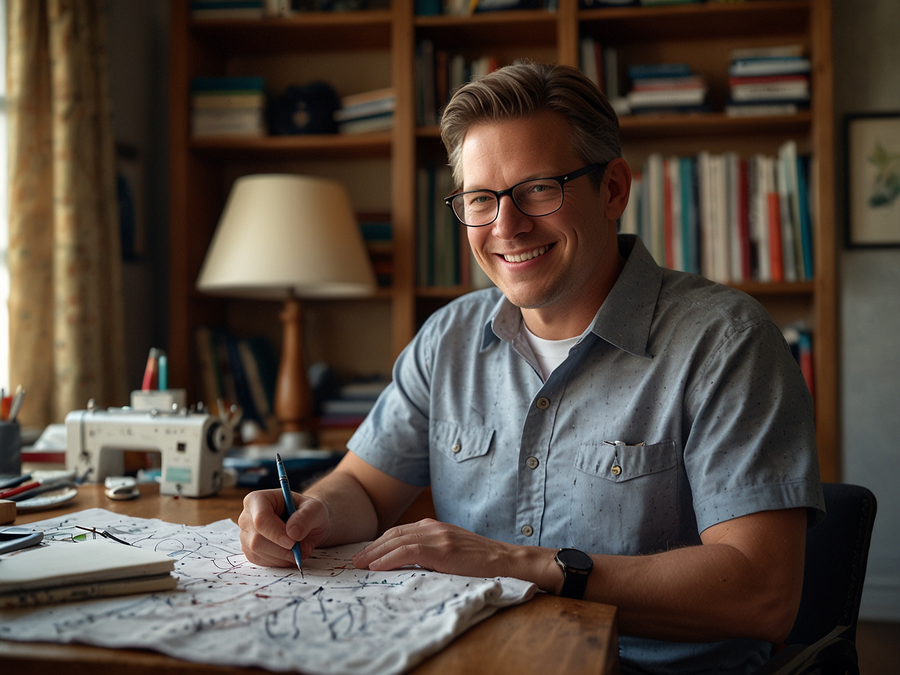 A candid shot of Craig Conover smiling while working on his business, Sewing Down South, with fabric and sewing tools around him, highlighting his personal growth and focus on family.