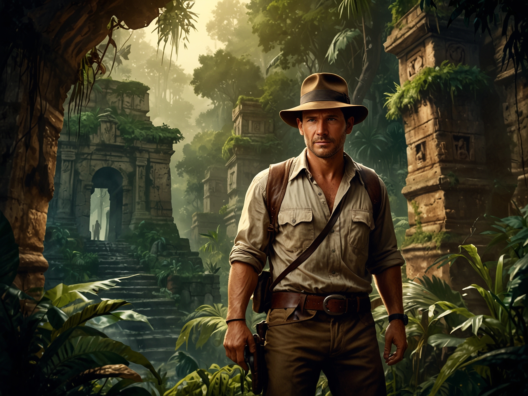 An image showcasing Indiana Jones navigating through ancient ruins, with lush jungles in the background, symbolizing exploration and adventure in 'The Great Circle'.