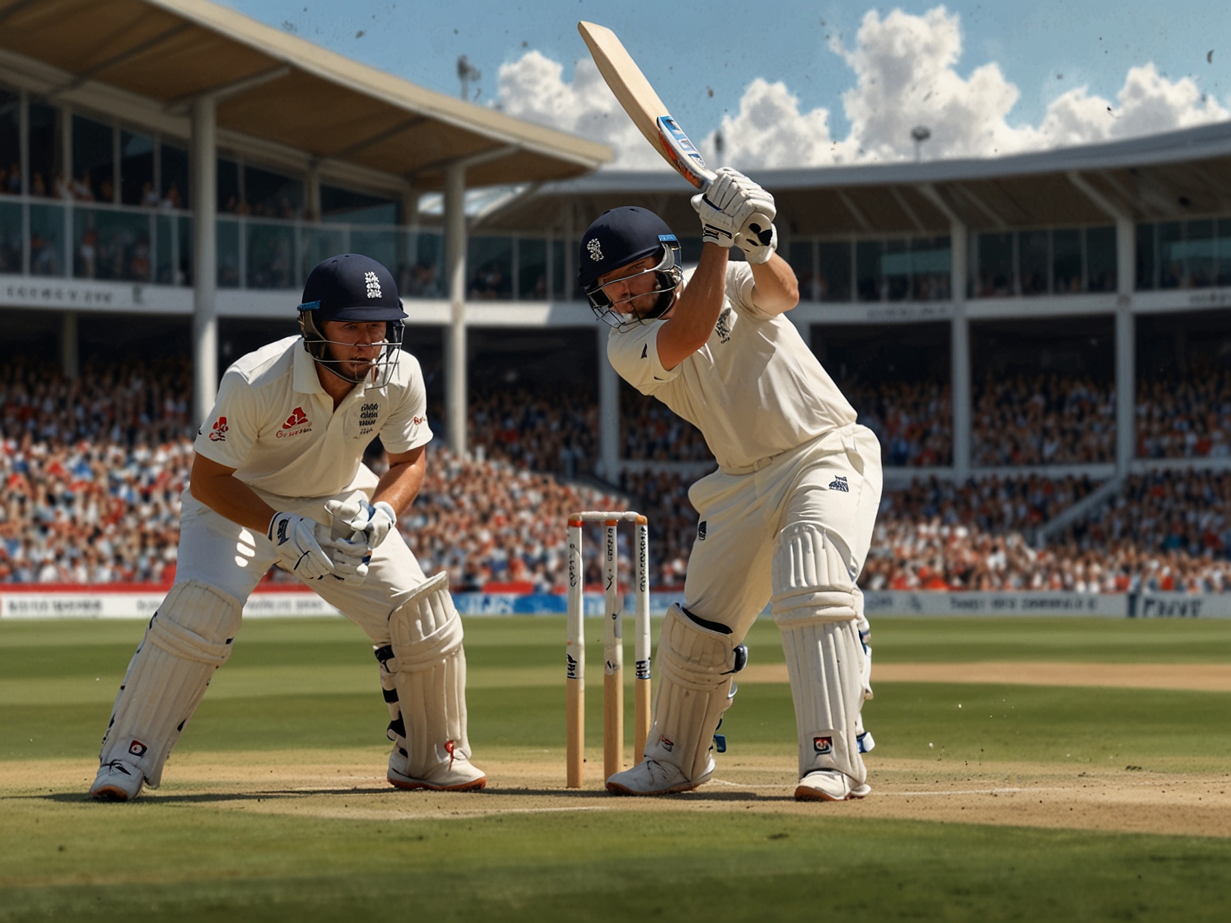 An intense moment from the Test match at St George's Park, focusing on Ryan Rickelton batting confidently, with teammates cheering him on in the background, showcasing team spirit amidst thrilling cricket action.