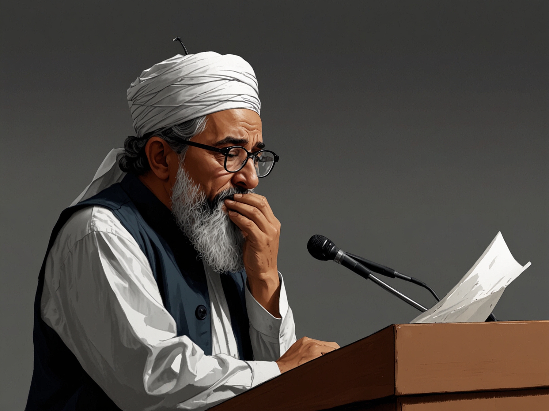 A close-up of Miftah Maulana with a solemn expression, as he contemplates his resignation. The background shows a blurred image of Prabowo Subianto, symbolizing their connection.
