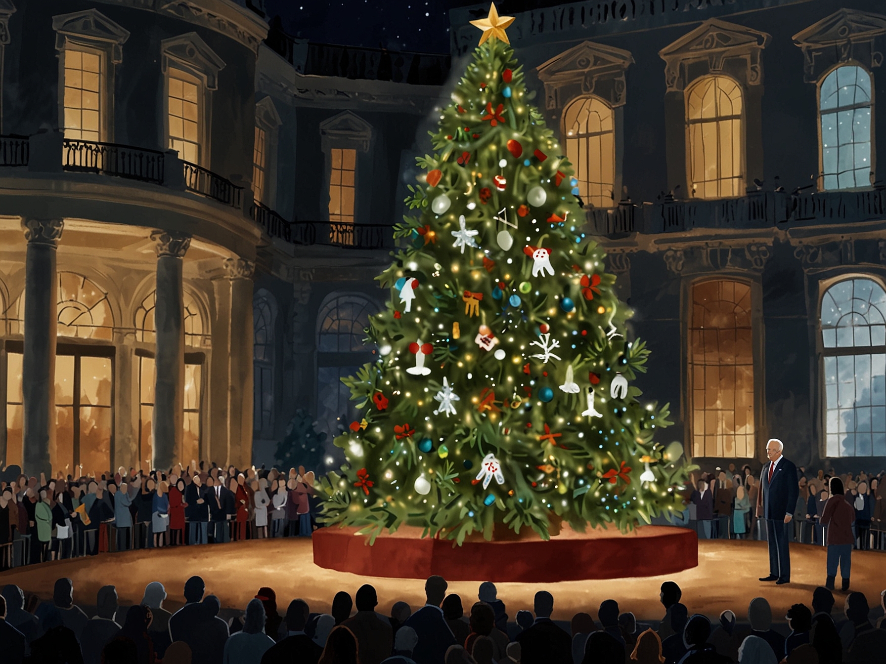 President Biden and First Lady Jill Biden illuminate the 35-foot Christmas tree during the lighting ceremony, embodying hope and unity amid a festive atmosphere.